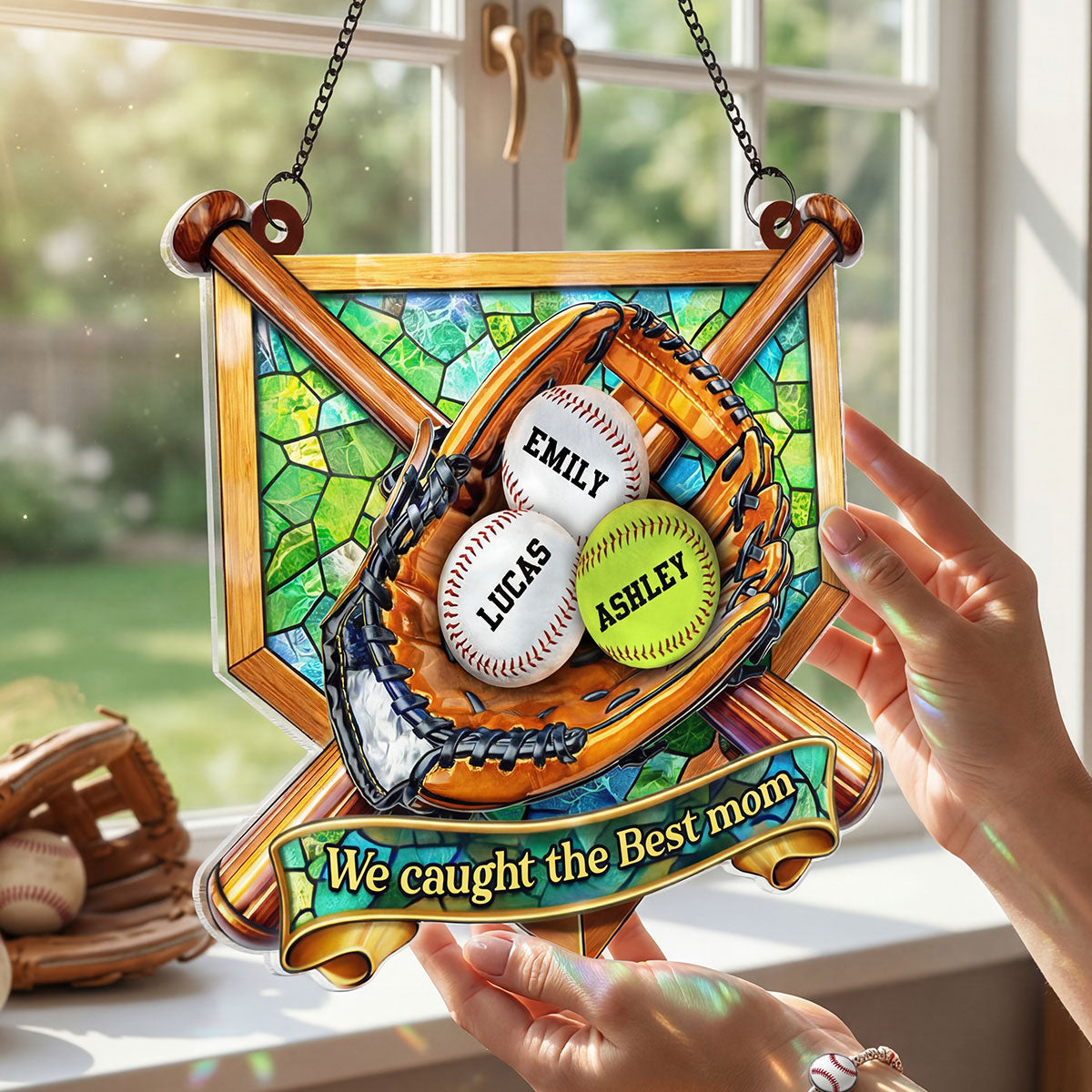 Baseball Glove We Caught the Best Mom - Personalized Suncatcher - Mother's Day Gift for Mom, Wife
