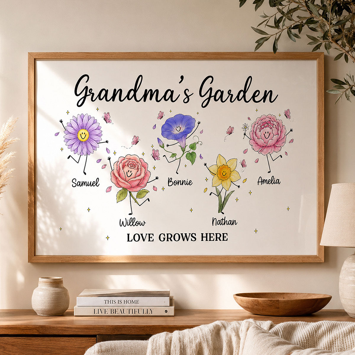 Grandma's Garden Cute Doodle Birth Month Flowers - Personalized Poster - Home Decor Gift, Birthday Gift For Grandma