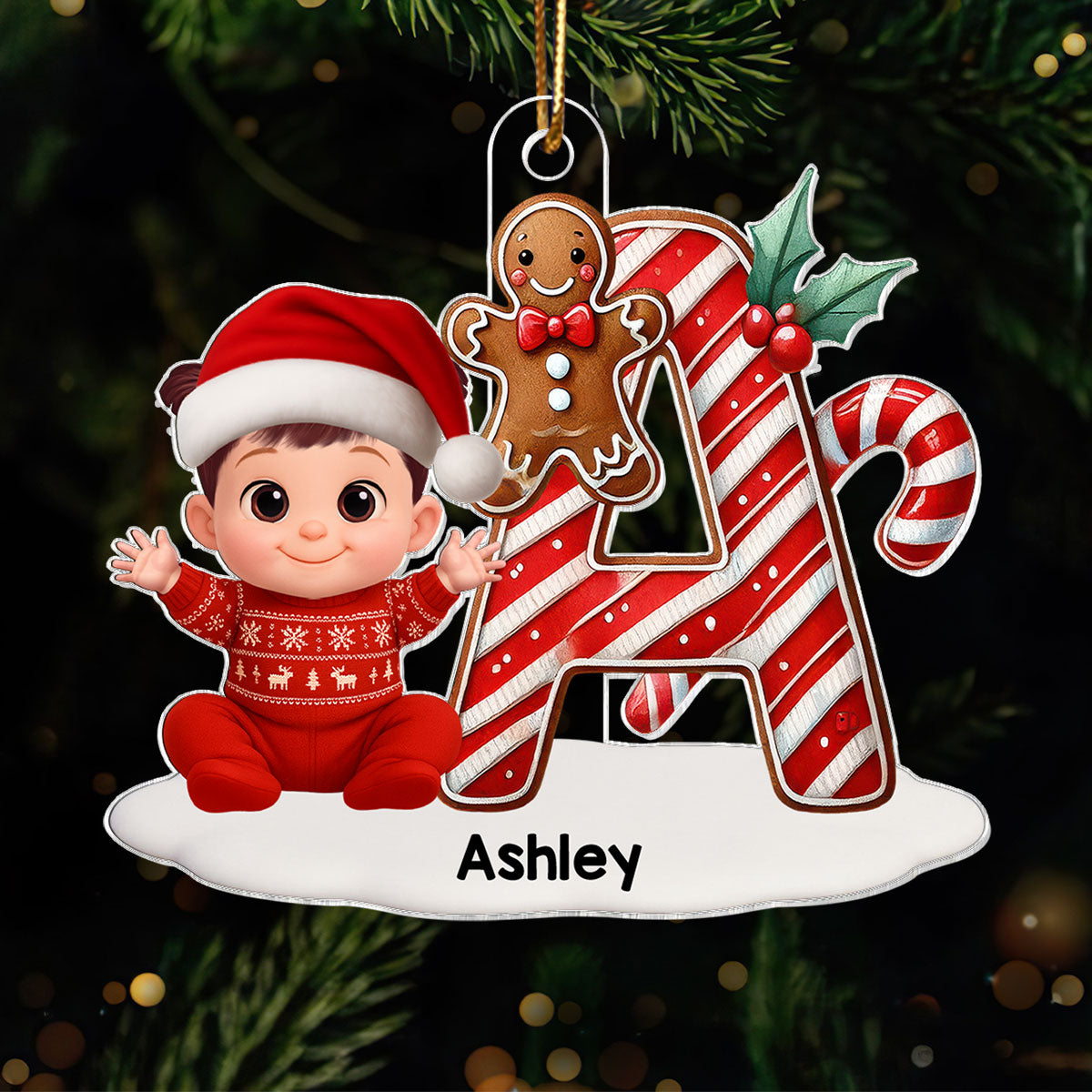 3D Effect Candy Cane Initial Letter Family Member Name - Personalized Acrylic Ornament - Unique Christmas Gift For Family