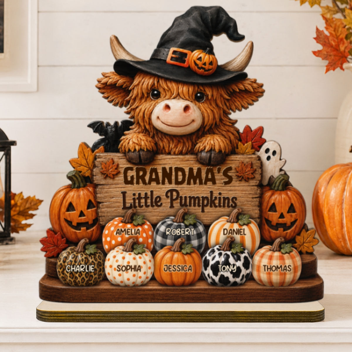 Highland Cow Grandma's Little Pumpkins - Personalized 2-Layered Wooden Plaque - Fall Decor For Grandma