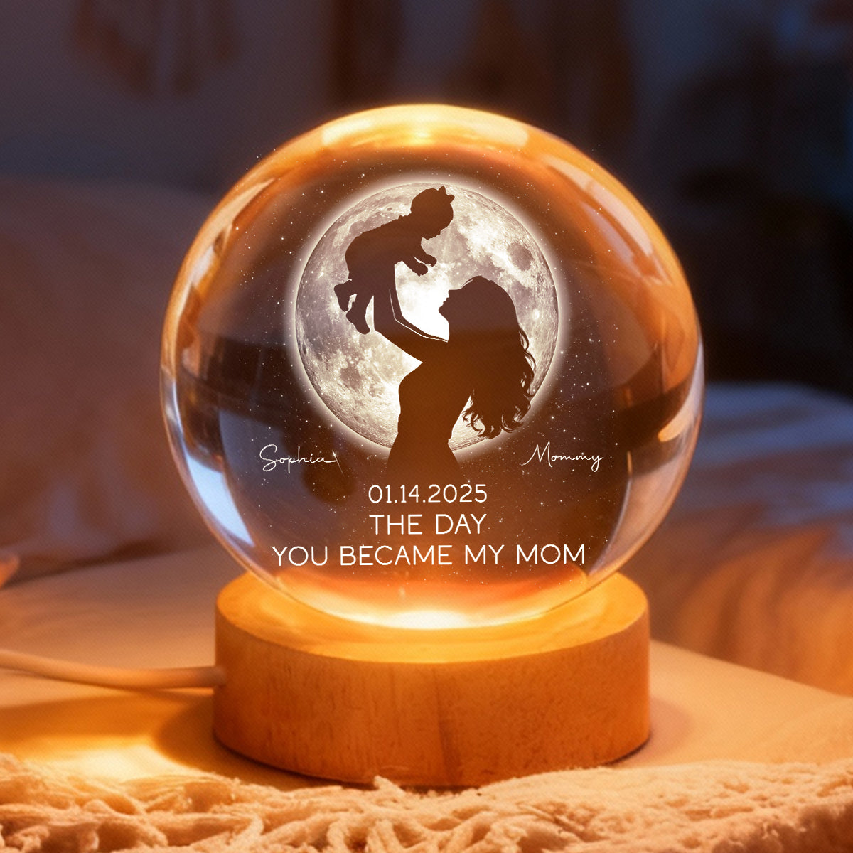 Mom Hugging Kid, The Day You Became My Mom Custom Moon Phase by Date - Personalized Crystal Ball LED Night Light - Mother's Day Gift for Mom
