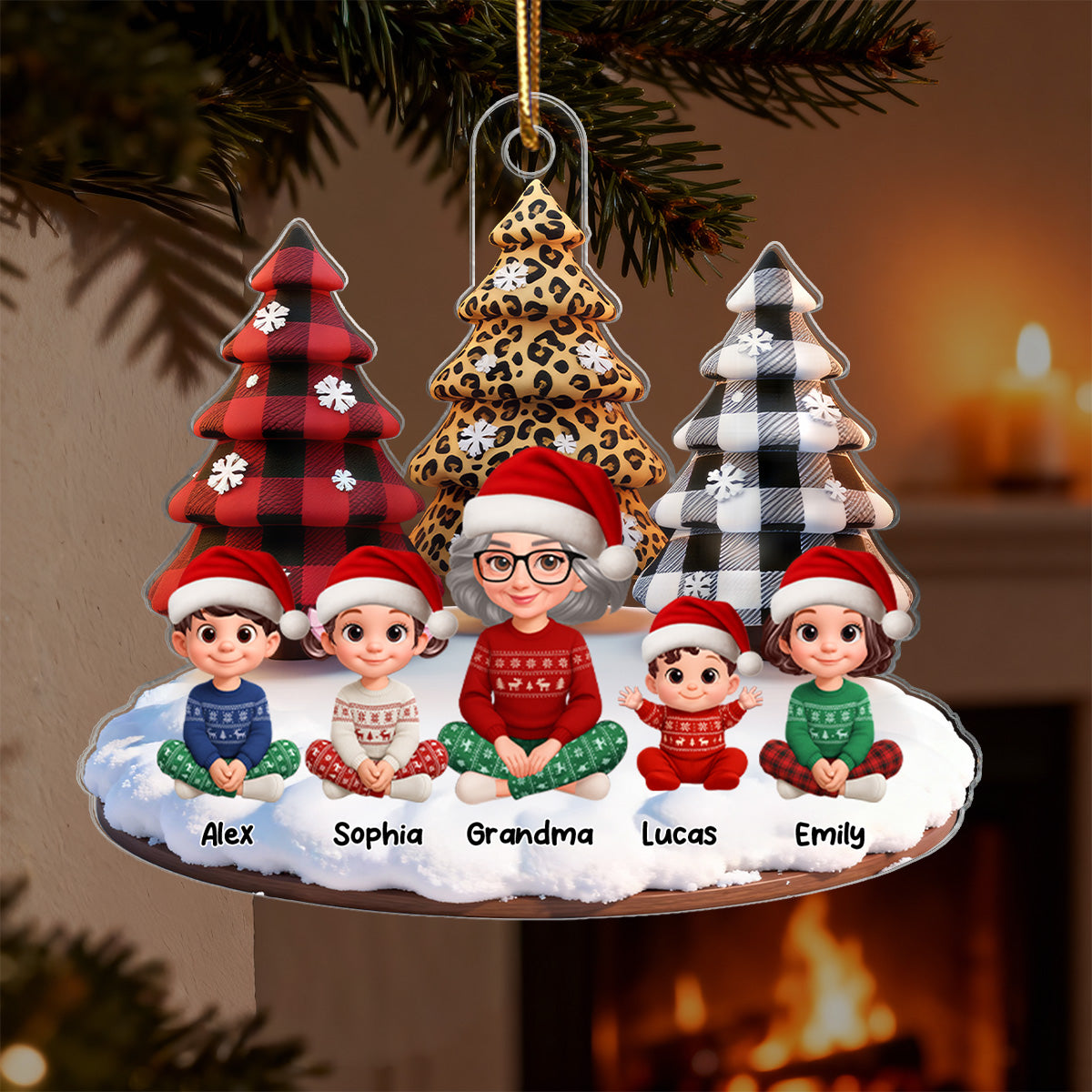 3D Effect Leopard Checkered Pattern Christmas Trees Grandma Grandkids Happy Together - Personalized Acrylic Ornament - Gift For Grandma, Grandkids