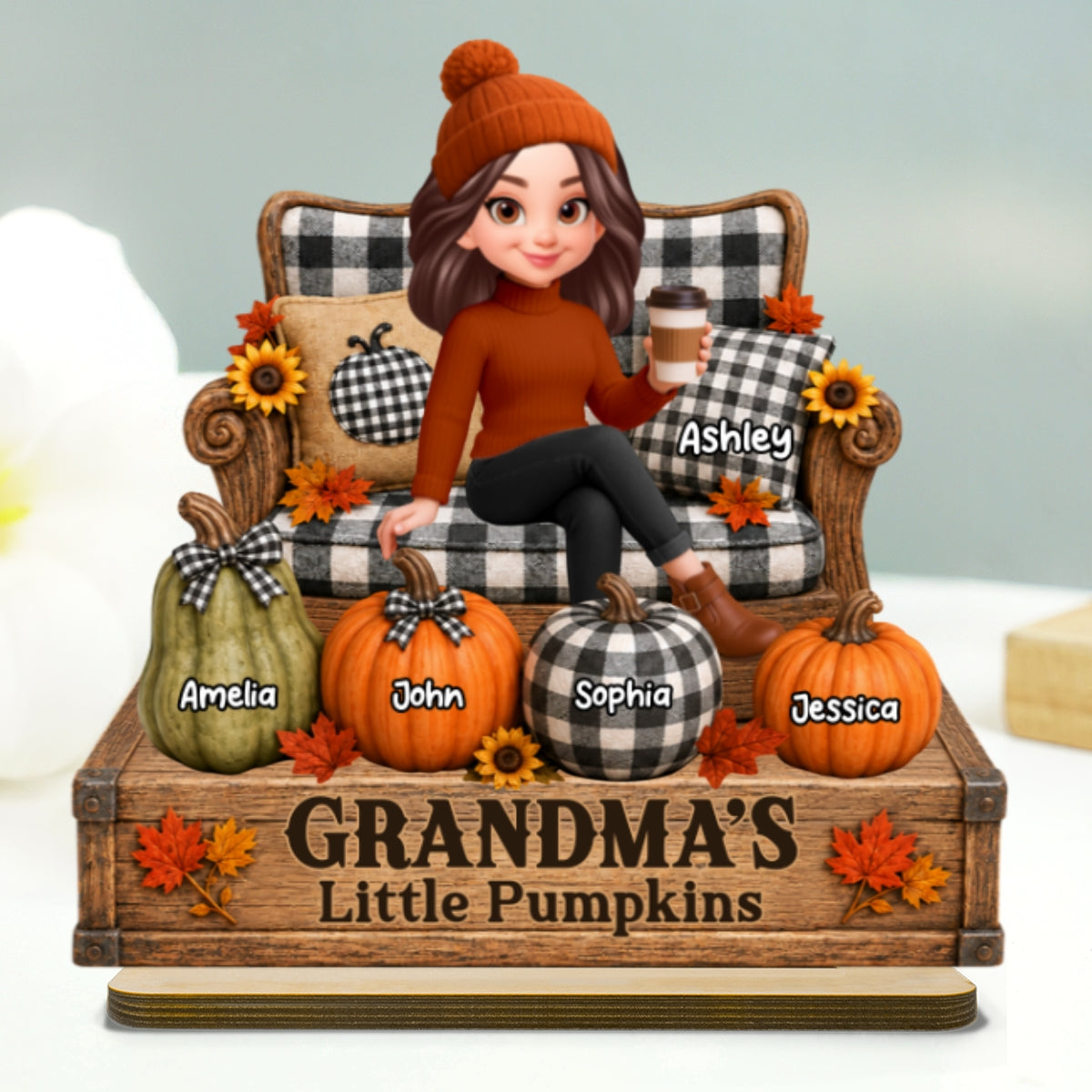Fall Season Cozy Grandma's Little Pumpkins - Personalized 2-Layered Wooden Plaque - Fall Decor For Grandma