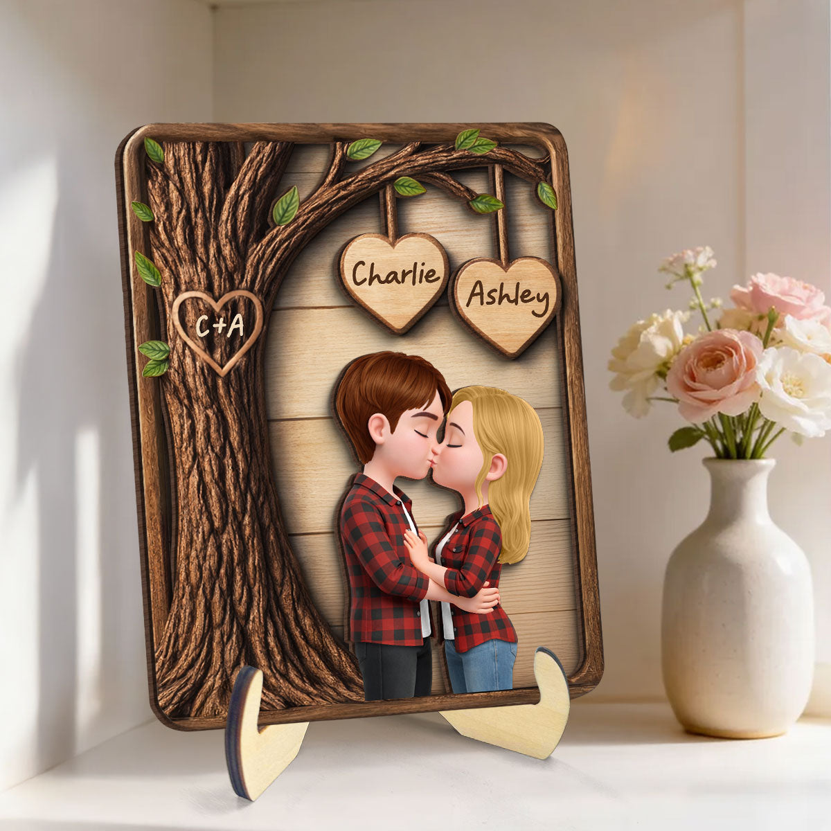 Couple Kissing Under Tree - Personalized 2-Layered Wooden Plaque - Sentimental Valentine's Day Gift for Her, for Him