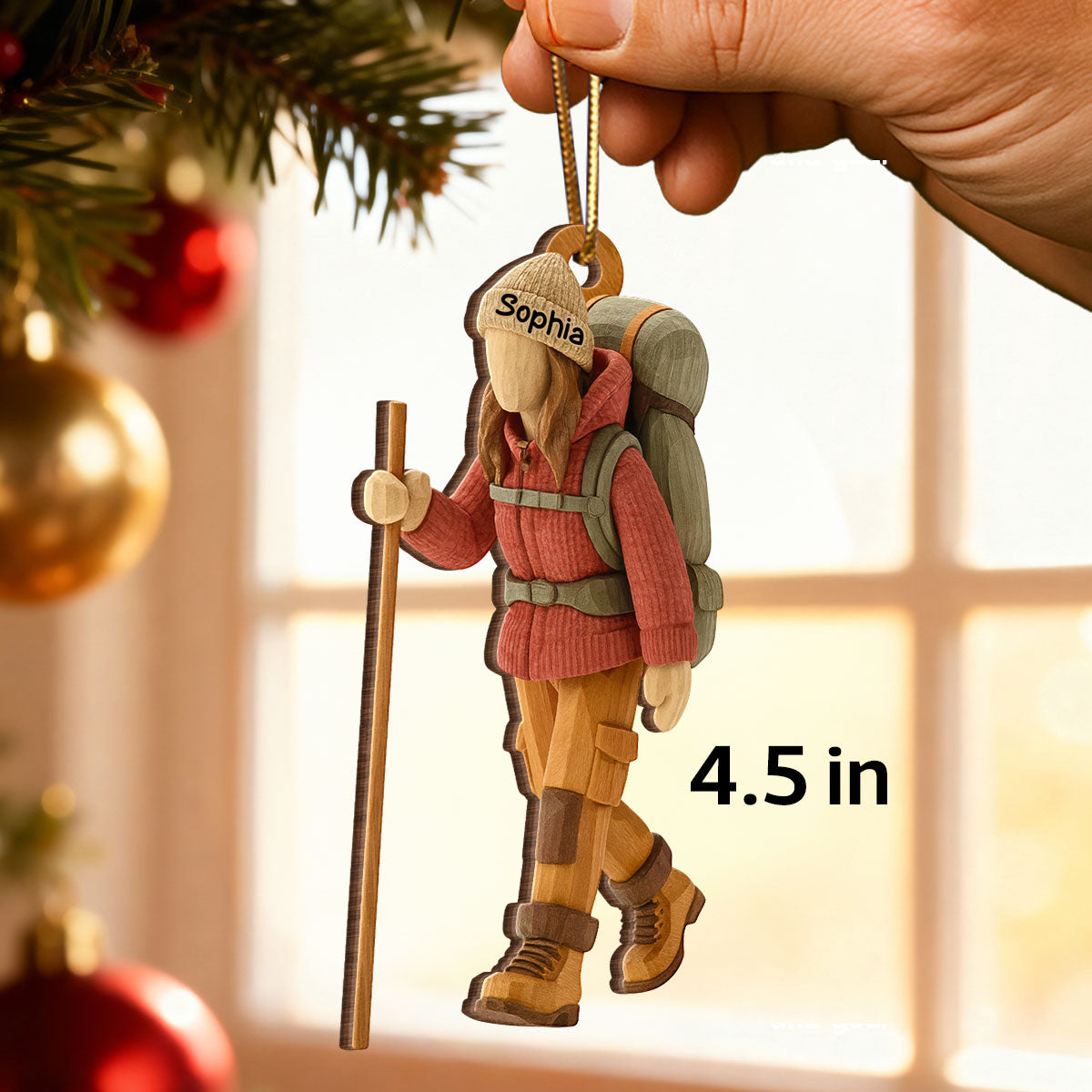 Hiking Girl Christmas - Personalized Wooden Ornament - Gift for Her