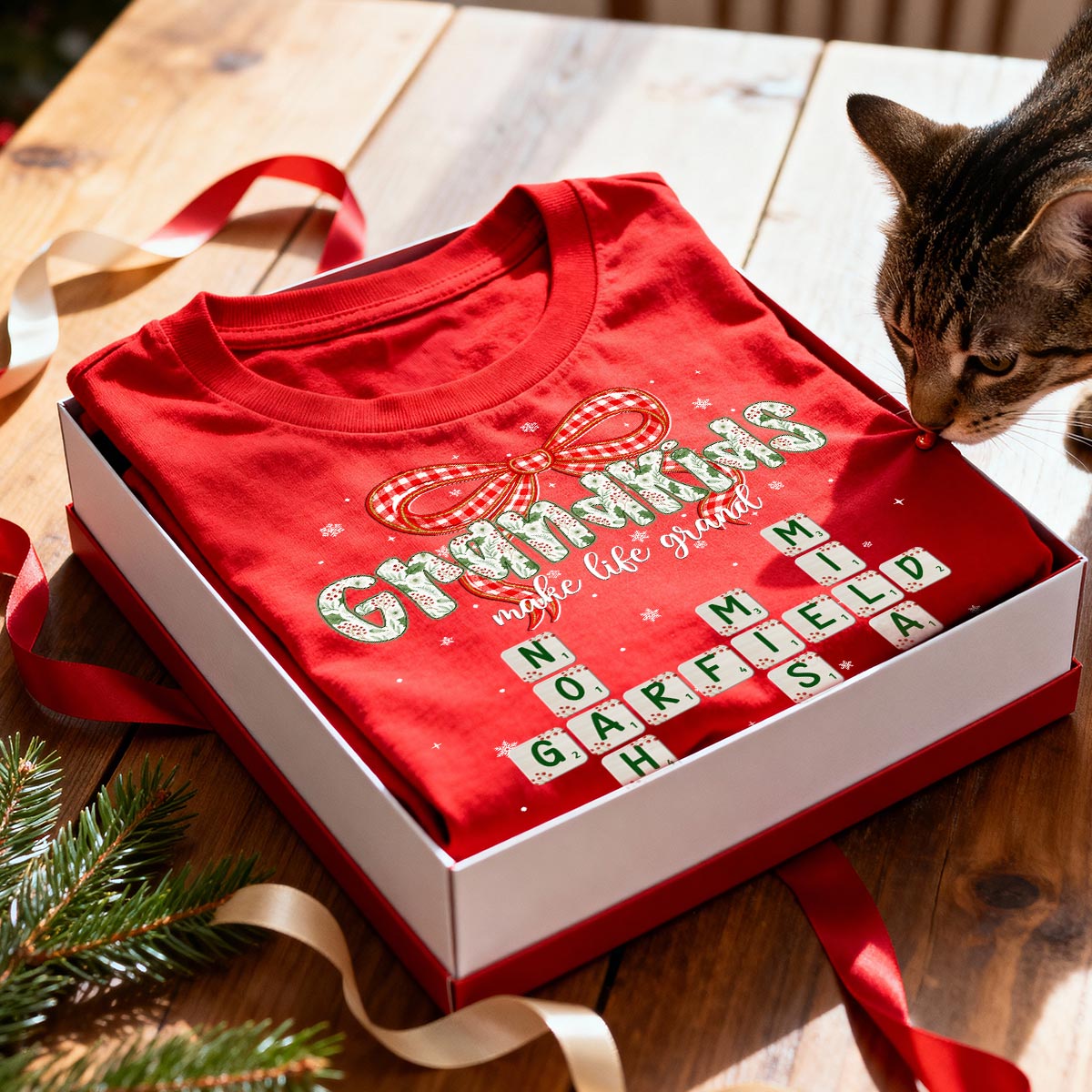 Grandkids Make Life Grand Coquette Floral Christmas Pattern Crossword Puzzle Art - Personalized Shirt