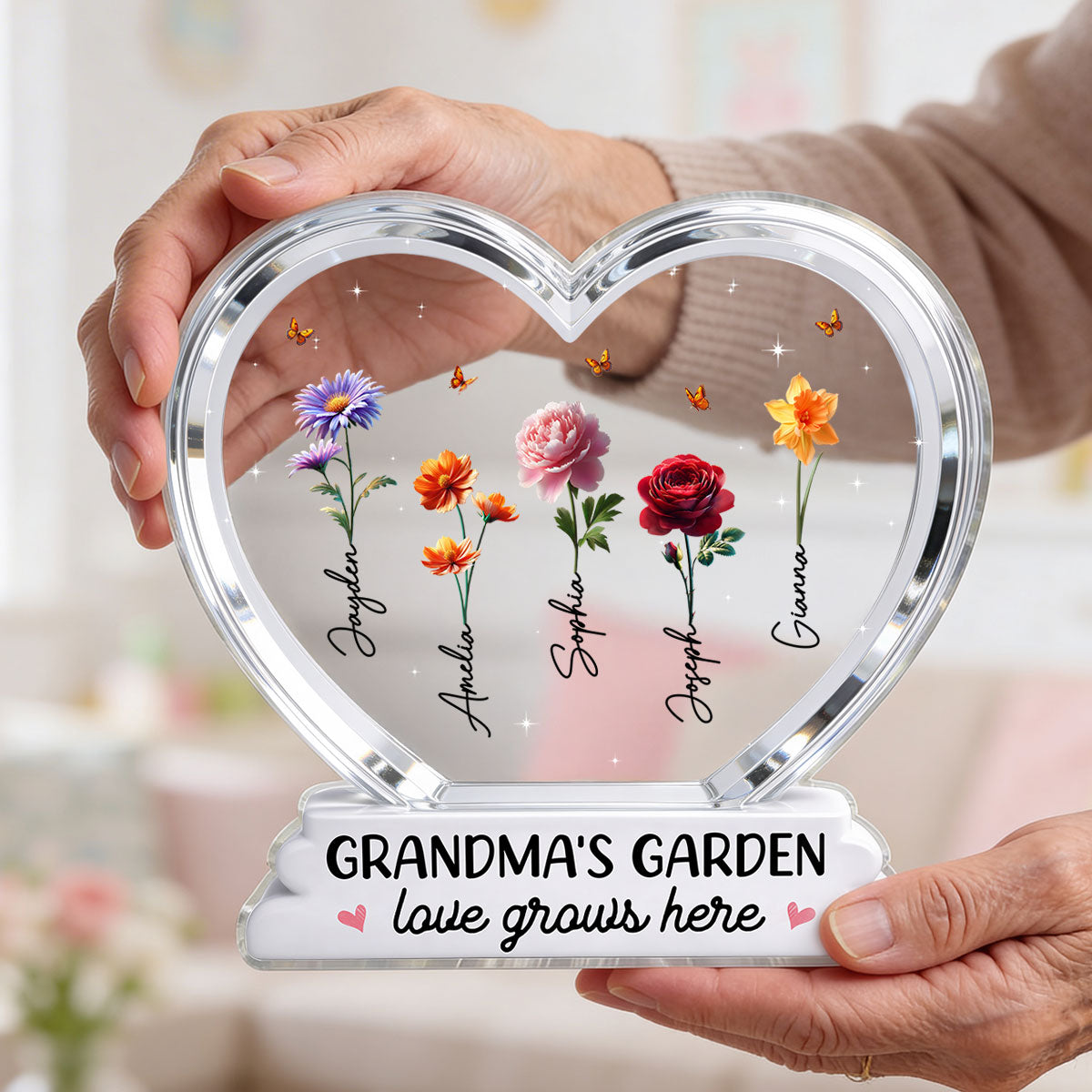 Grandma's Garden Birth Month Flowers In Heart 2D Flat - Personalized Acrylic Block Plaque - Gift For Grandma