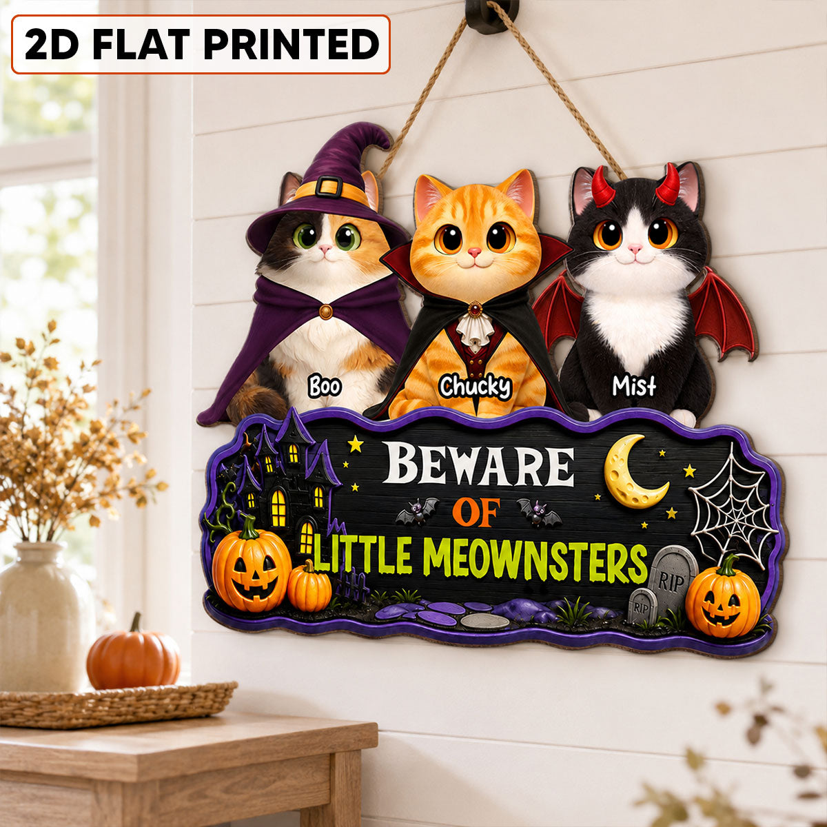 Spooky Halloween Beware of Little Cats Meownsters - Personalized Wood Sign - Halloween Gift For Cat Lovers, Halloween Decor