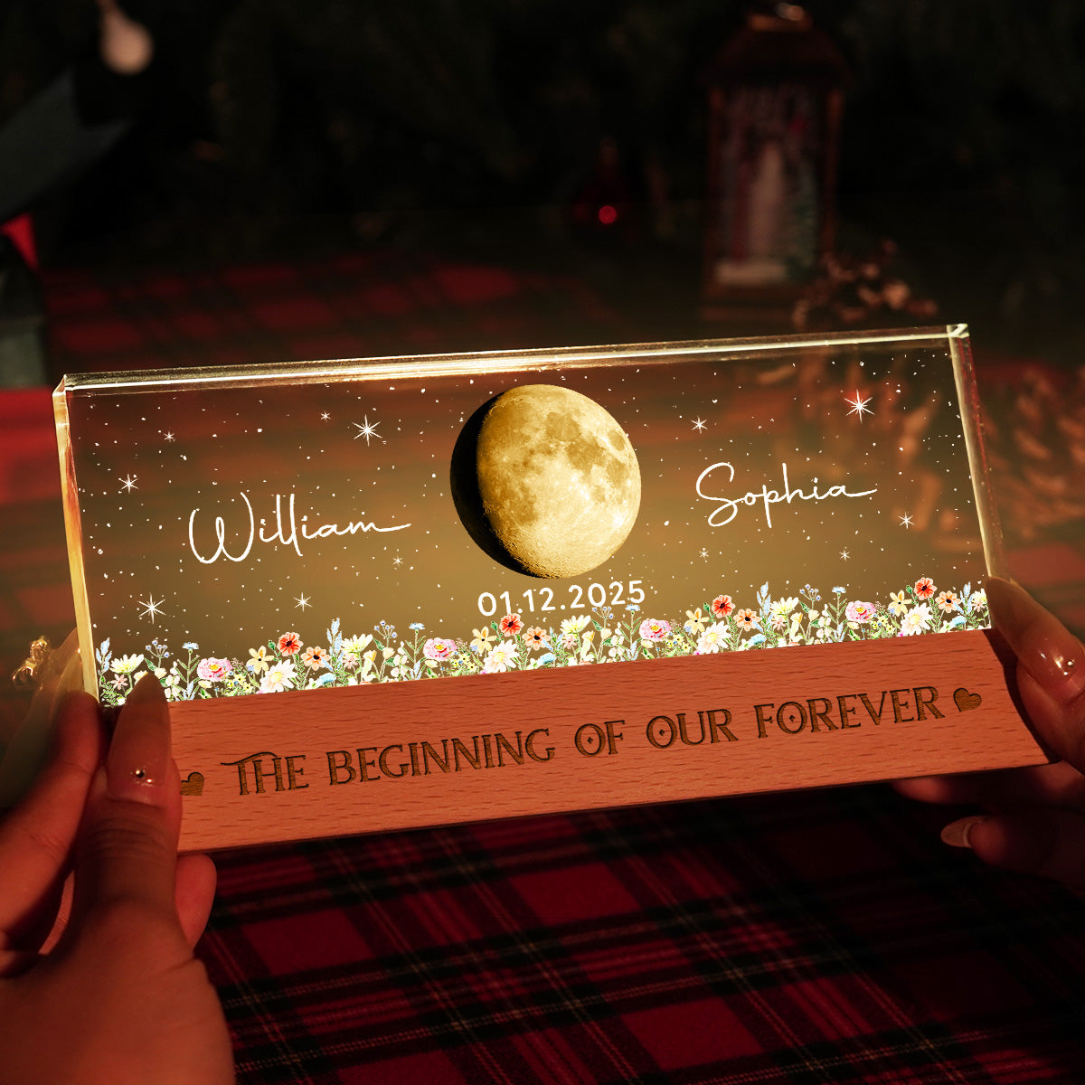 Floral Our Moon Couple Custom Moon Phase Anniversary Date - Personalized Acrylic Block LED Plaque Night Light - Gift For Couple
