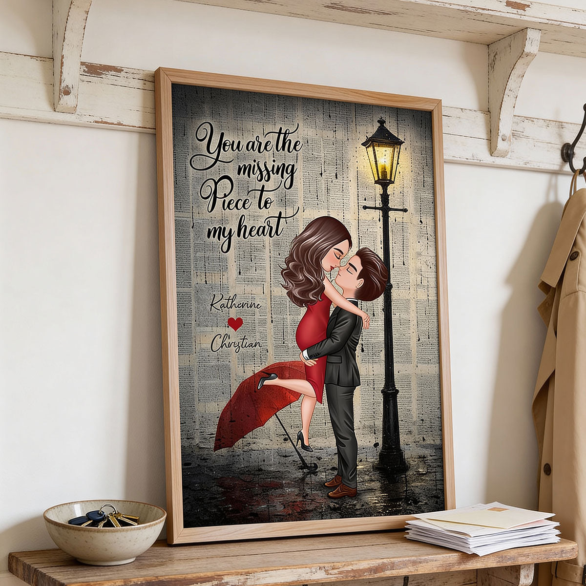 Vintage Newspaper Couple Hugging Kissing Under Lamp Post - Personalized Poster
