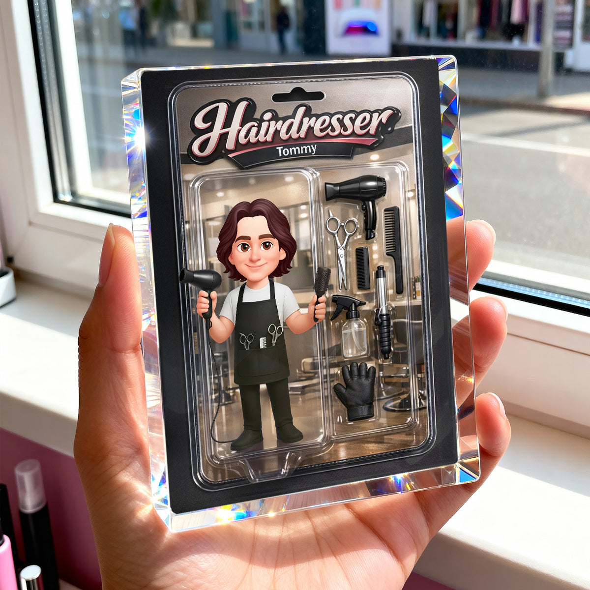 3D Effect Man Hairdresser Action Figure - Personalized Acrylic Block Plaque - Gift For Hairdressers