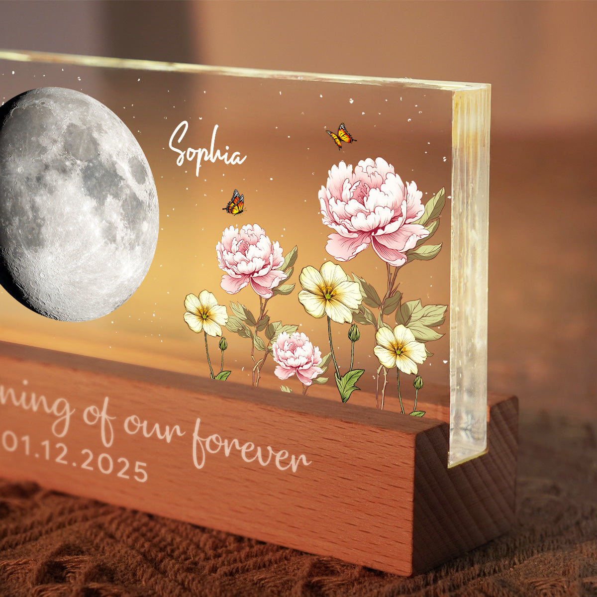 Custom Couple Birth Month Flowers Our Moon Custom Moon Phase Art - Personalized Acrylic Block Plaque LED Night Light - Gift For Couple