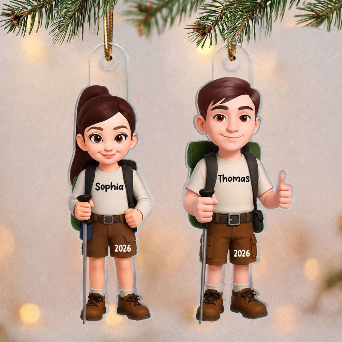 Christmas Boy Girl Hiking - Personalized Acrylic Ornament - Gift For Hiking Lovers, Hikers, Campers, Trekking Mountain, National Park Lovers, Grandson, Granddaughter