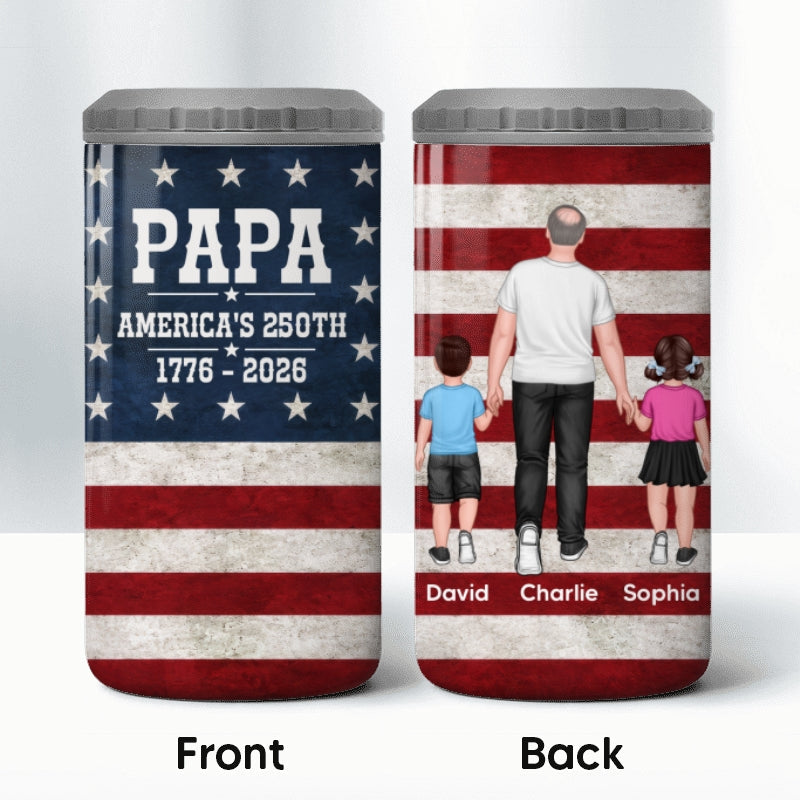Proud American Dad Grandpa Walking With Kids - Personalized 4-in-1 Can Cooler - 4th Of July, American 250th Anniversary Gift For Patriotic Dad, Grandpa