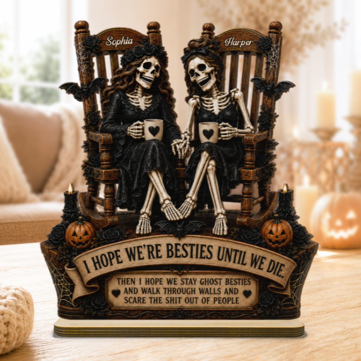 Skeleton Besties Until We Die 2D Flat - Personalized 2-Layered Wooden Plaque - Funny Work Bestie Gift, Halloween Keepsake For Best Friends