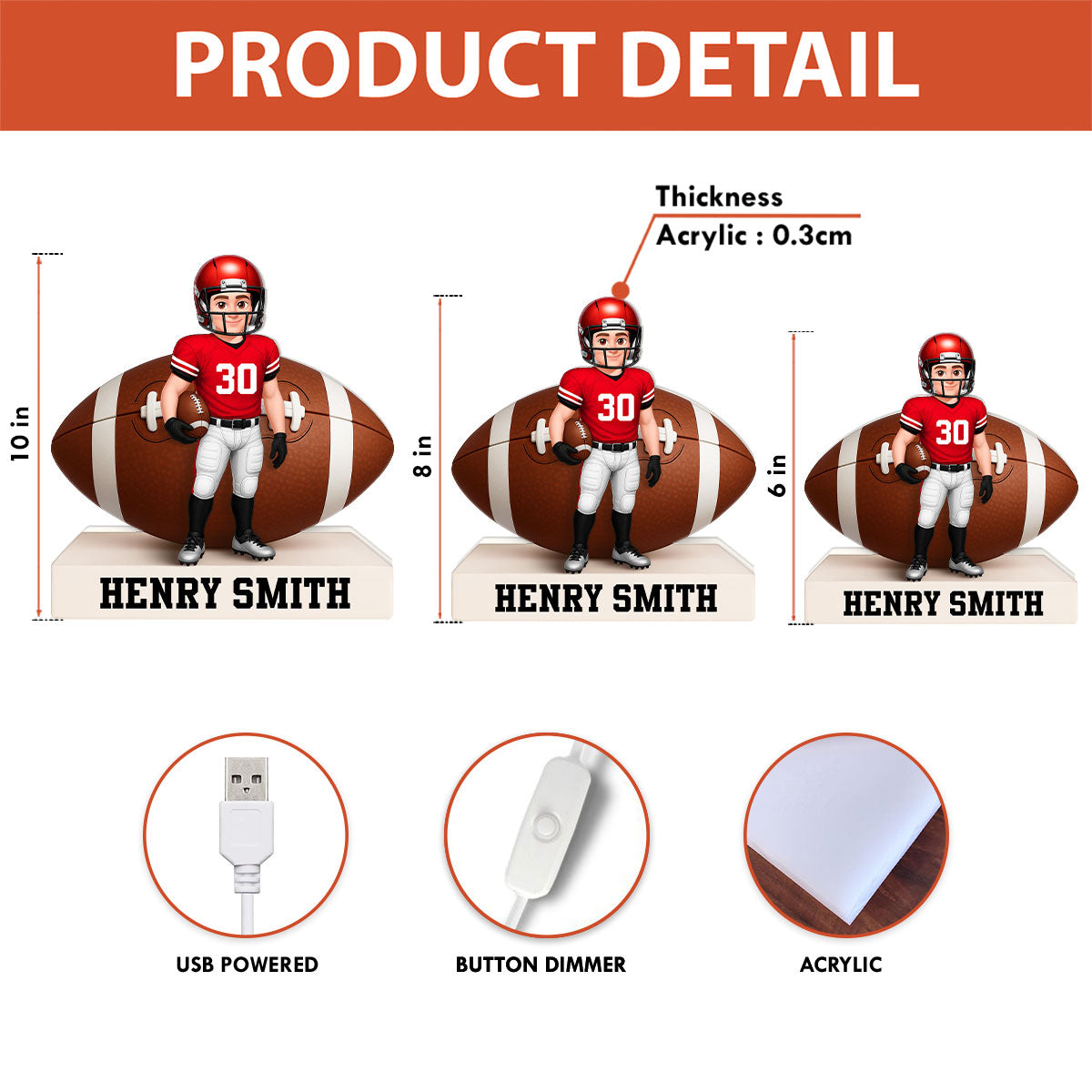 Football Boy 3D Effect - Personalized Light Box - Christmas Gift for Teen Boy Girl Daughter Son