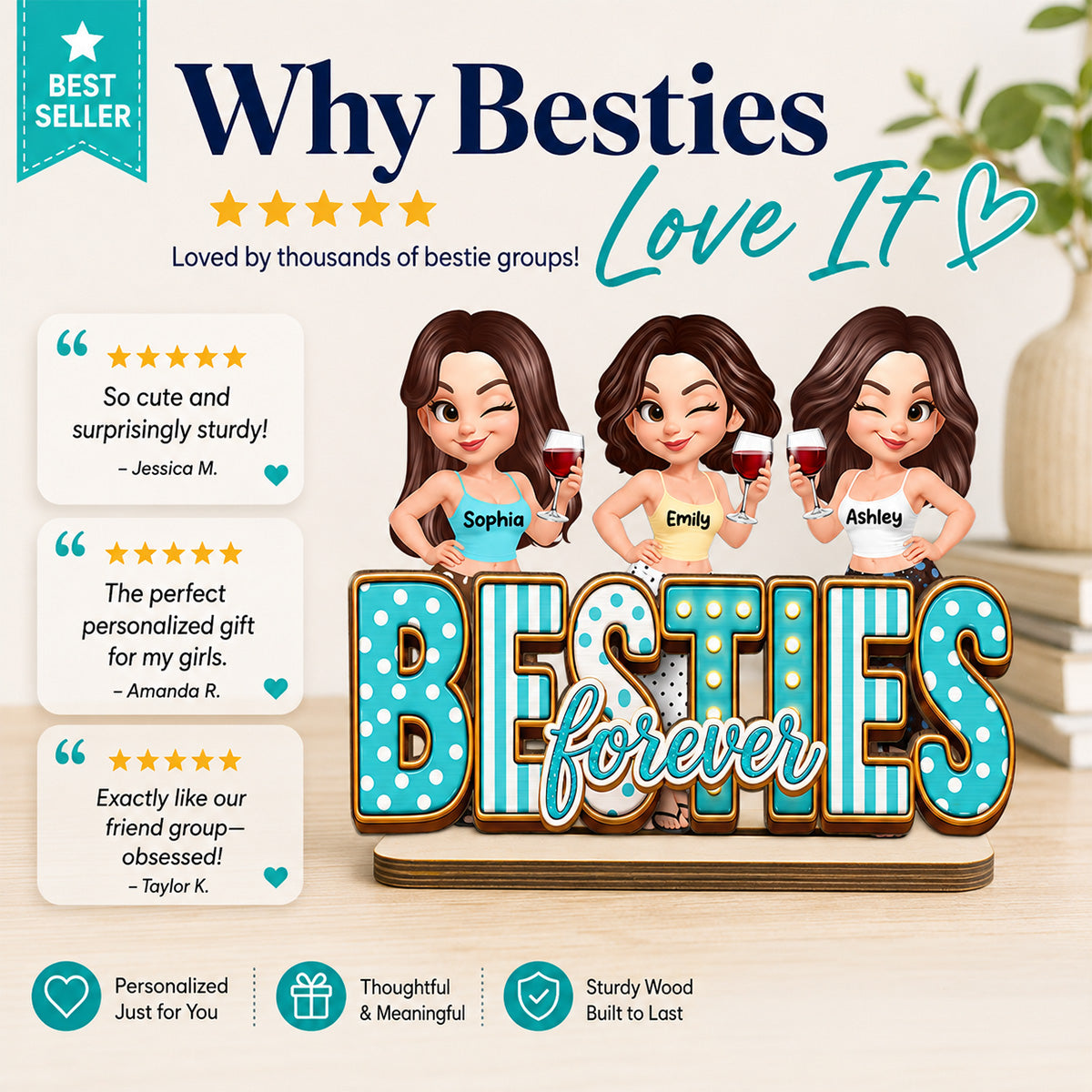 Besties Forever Trendy Girls - Personalized Wooden Plaque