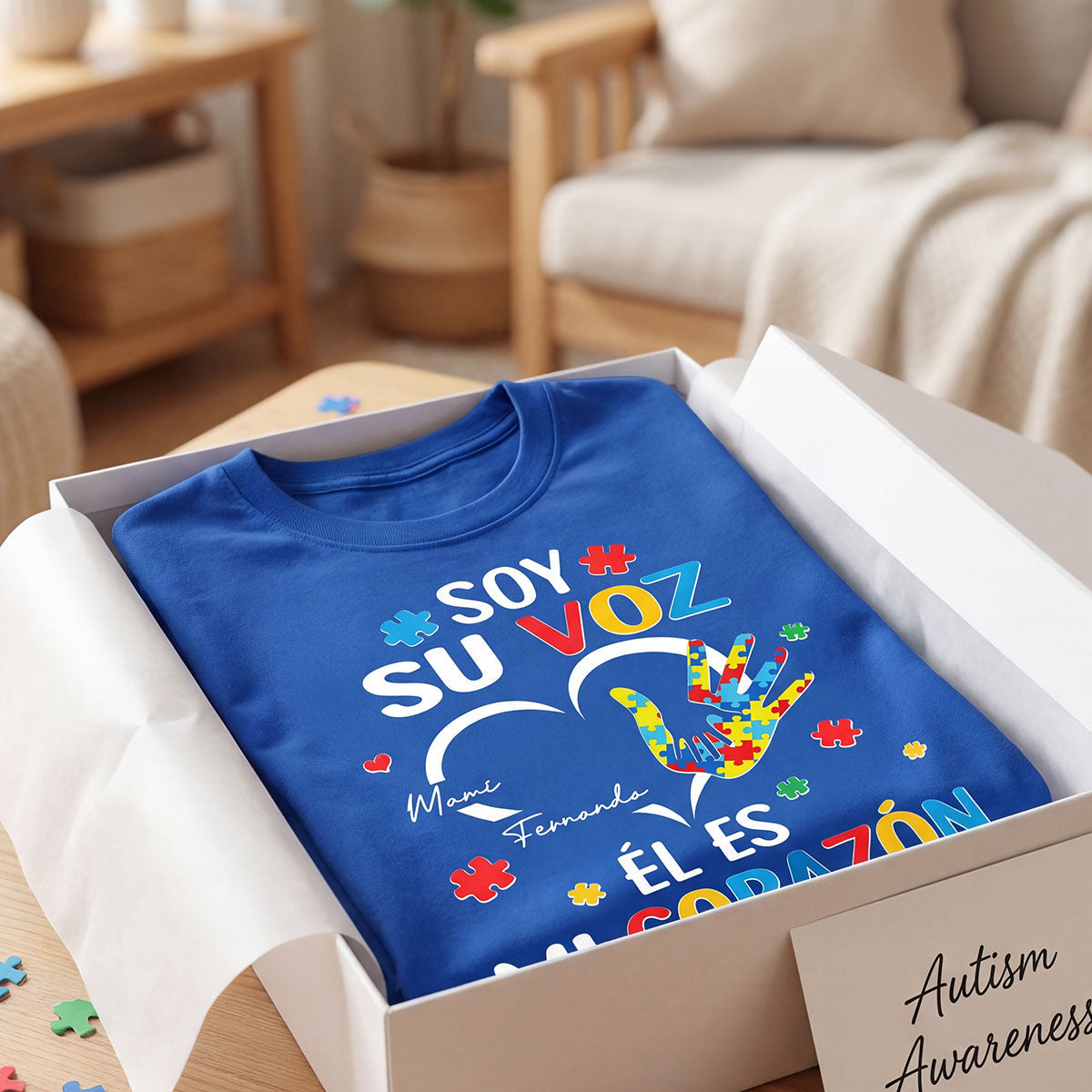 Soy Su Voz Él Es Mi Corazón I'm His Voice He's My Heart - Personalized Shirt - Spanish Ver Autism Awareness