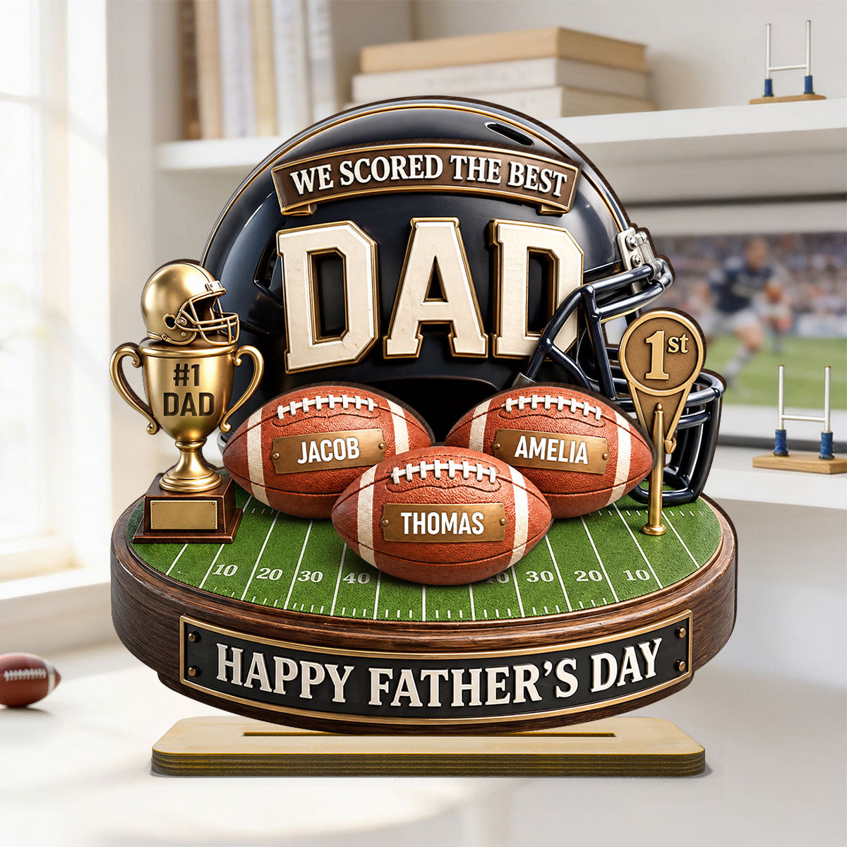We Scored The Best Dad American Football Trophy - Personalized 2-Layered Wooden Plaque - Heartfelt Gift For Football Dad, Gift For Husband