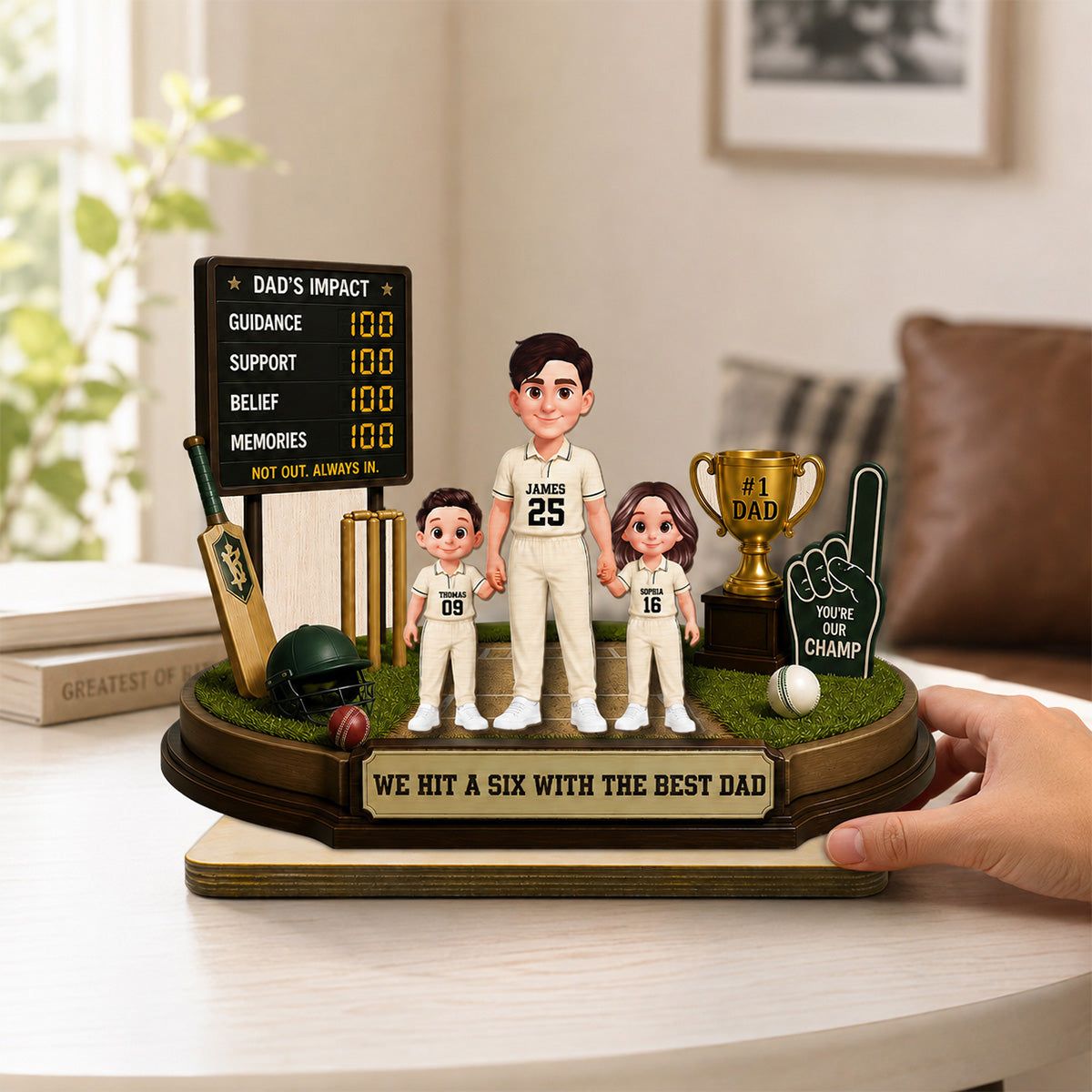 Hit A Six With The Best Dad Cricket Dad & Kids - Personalised 2-Layered Wooden Plaque -  Gift For Husband, Dad