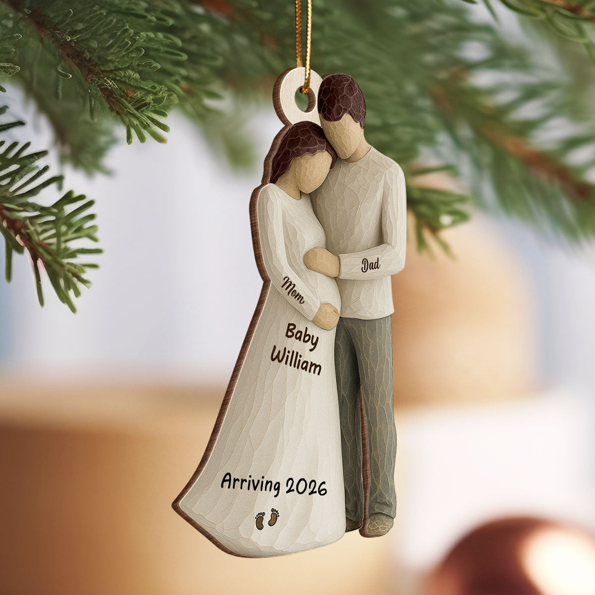 3D Effect Baby Arriving - Personalized Wooden Ornament - Couple Expecting, Pregnancy Keepsake