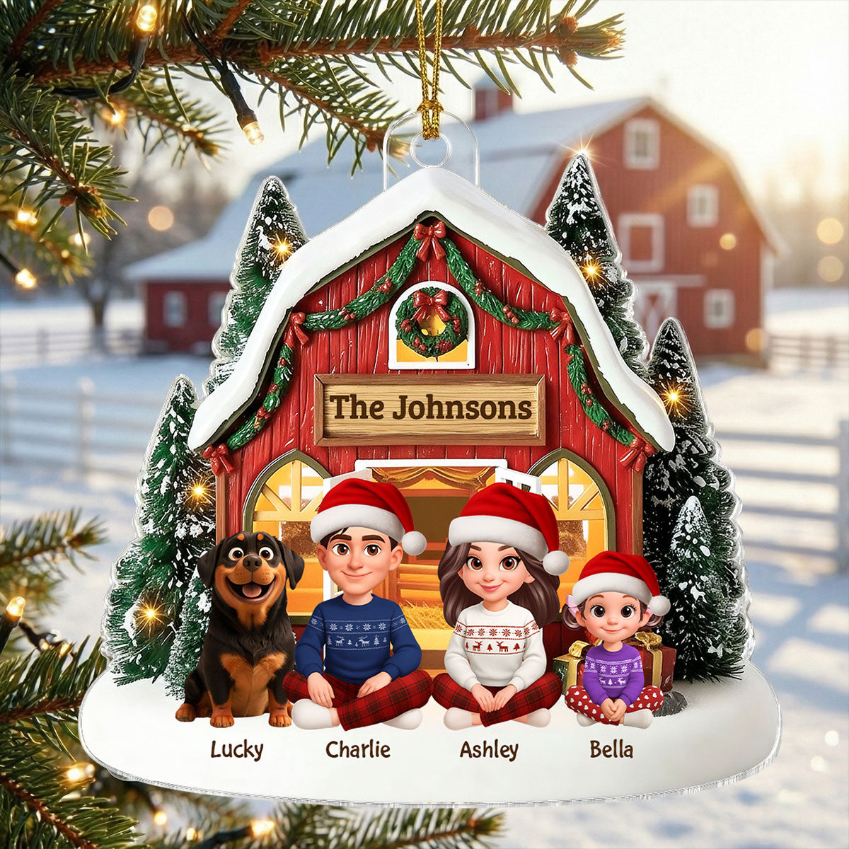 3D Effect Christmas Barn House Family Sitting Together - Personalized Acrylic Ornament