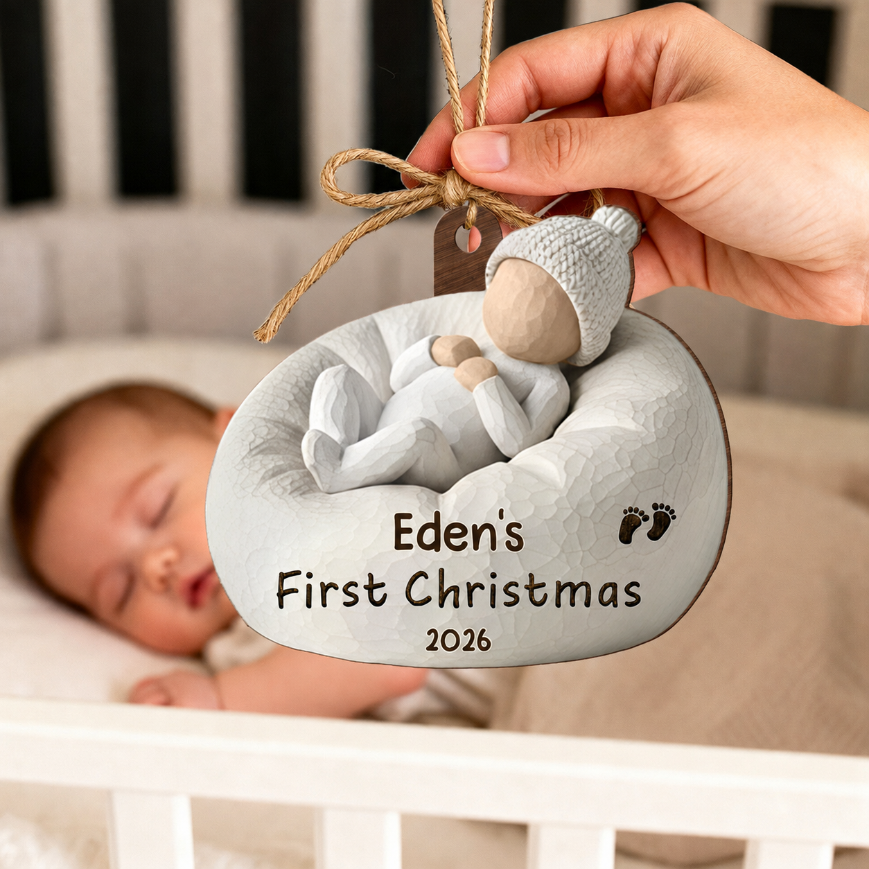 3D Effect Baby's First Christmas Baby On Beanbag Chair - Personalized Wooden Ornament