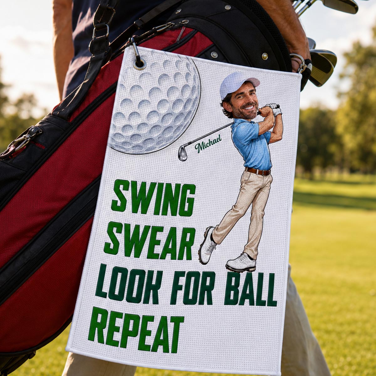 Swing Swear Look For Ball Repeat Funny Golfer Caricature Style Custom Photo - Personalized Golf Towel - Father's Day Gift For Golfers
