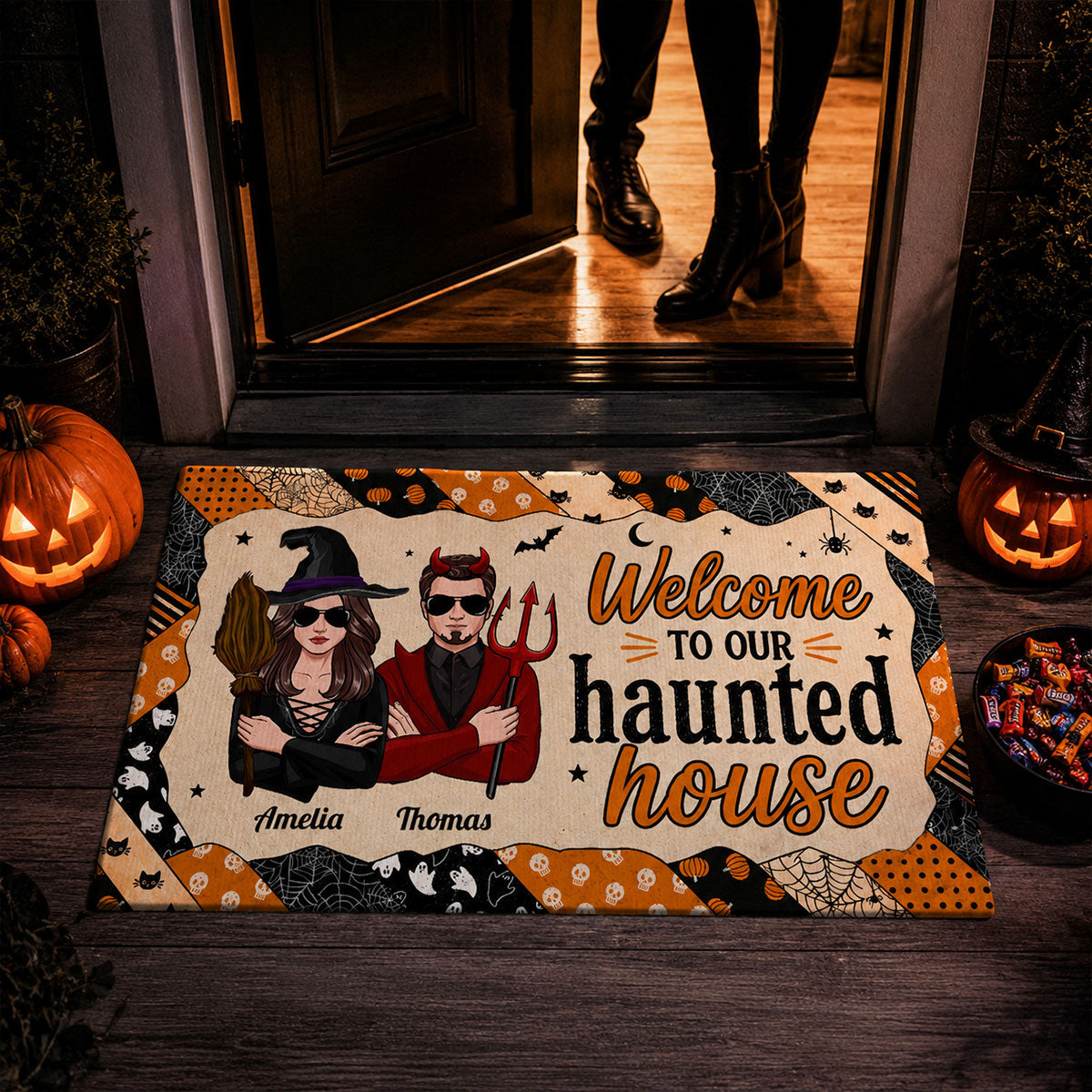 Welcome to Our Haunted House - Personalized Doormat - Halloween Decor for Couples