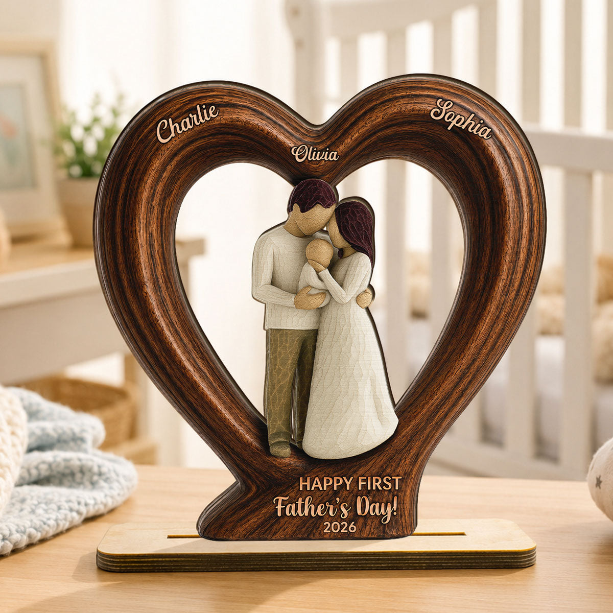 Happy First  Dad From Mom And Baby 2D Flat Heart - Personalized 2-Layered Wooden Plaque - Heartfelt  Gift For Husband, New Dad