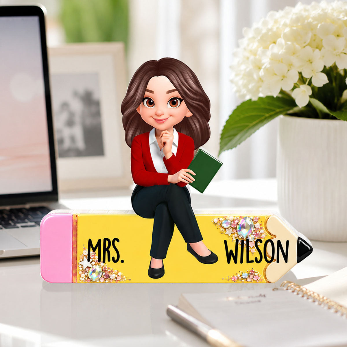 Teacher Sitting On Beautiful Pencil - Personalized Acrylic Block Plaque - Back To School Gift For Teacher, Classroom Decor