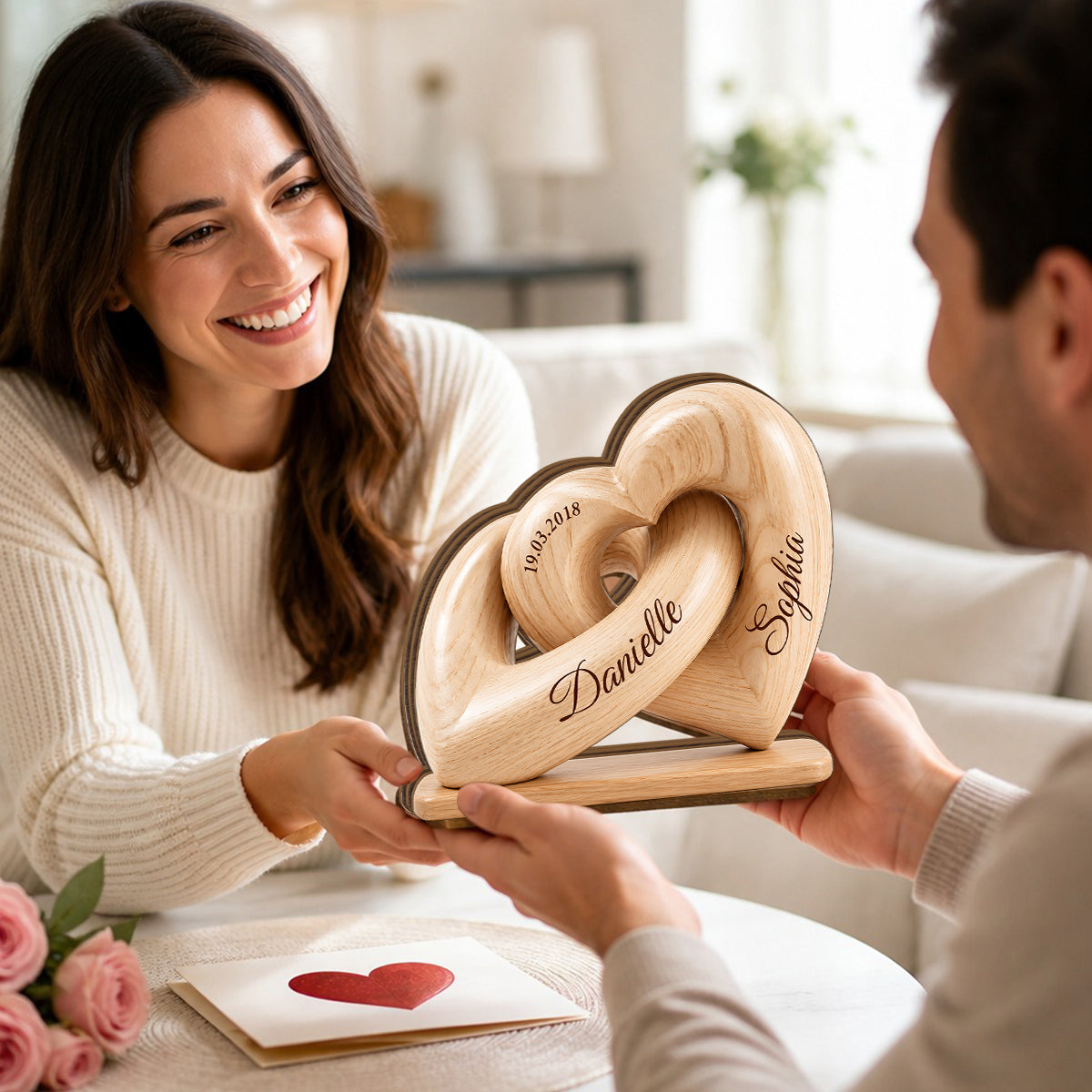 Interlocked Hearts Couple 2D Flat Plaque - Personalized 2-Layered Wooden Plaque - Gift for Him, for Her