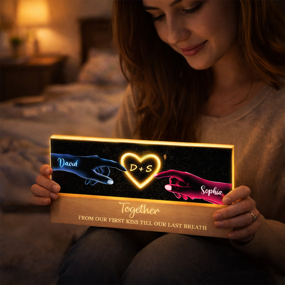 Couple Hands Neon Art - Personalized Acrylic Block LED Night Light - Heartfelt Valentine's Day Gift for Her, for Him