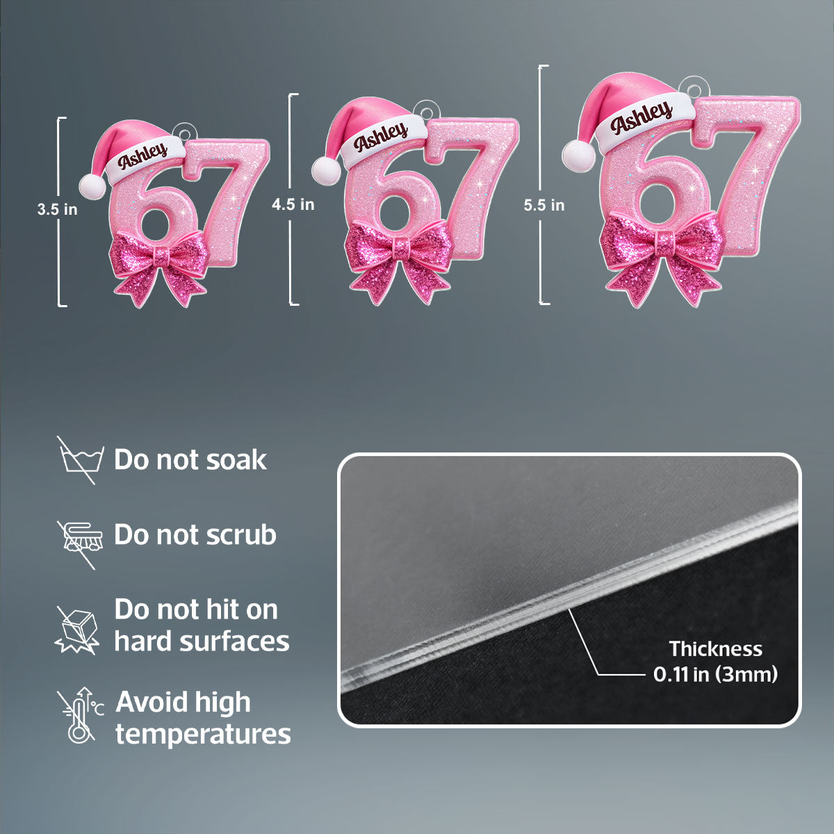 Custom 67 with Pink Croquette Bow - Personalzied Acrylic Ornament - Gift for Kid, Grandkids