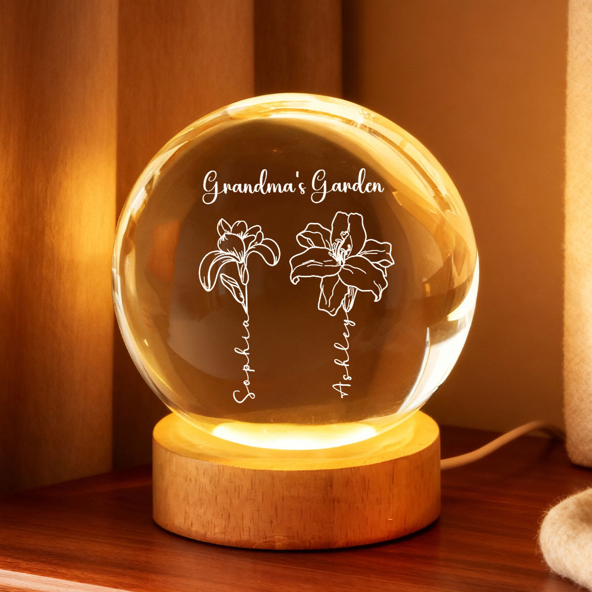 Grandma Garden Custom Birth Month Flowers - Personalized Crystal Ball LED Night Light - Heartfelt Gift For Grandma