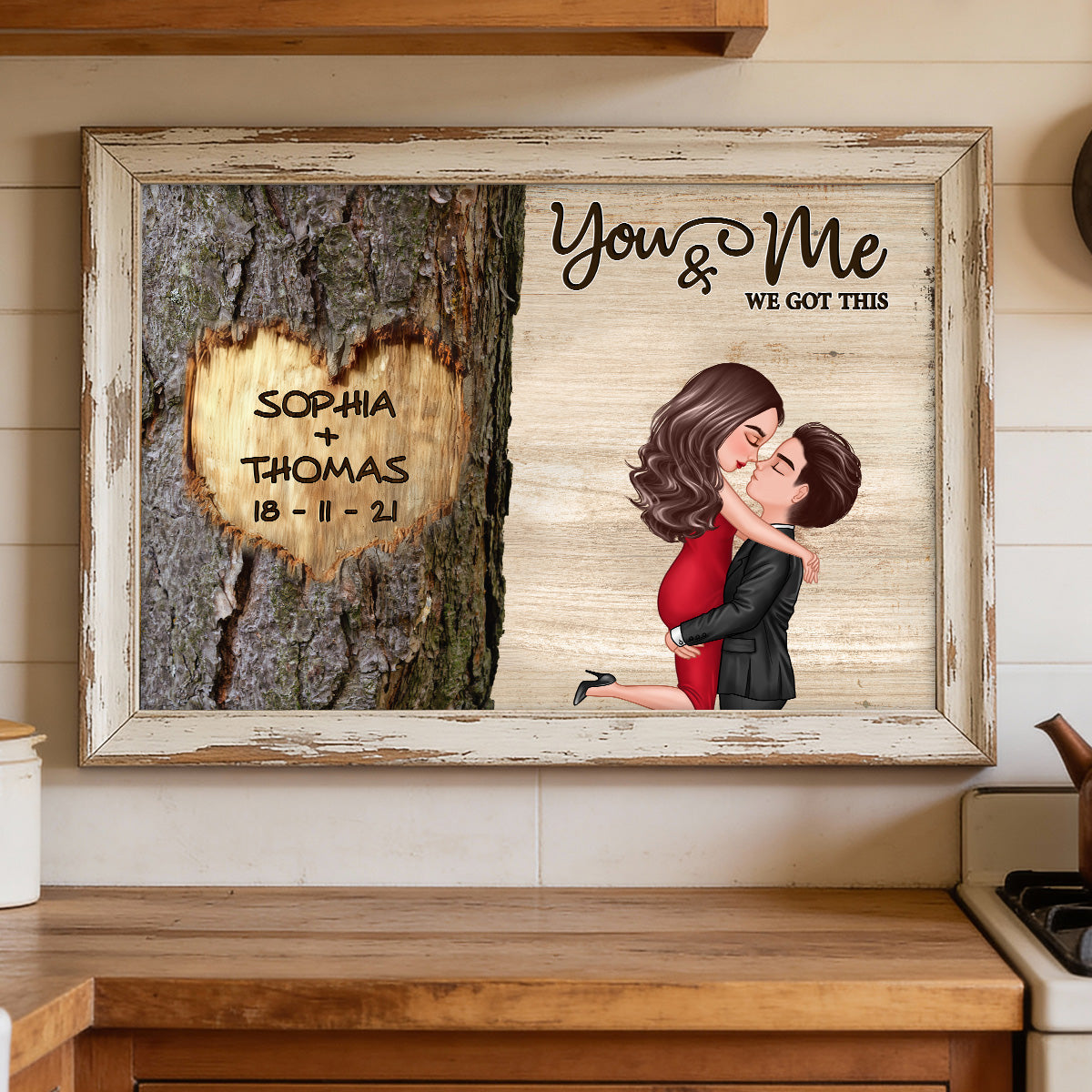 Couple Hugging Kissing Heart Carved Tree - Personalized Poster - Anniversary Gift, Valentine's Gift For Him, For Her