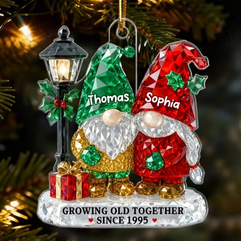 3D Crystal Effect Gnome Couple Growing Old Together - Personalized Acrylic Ornament - Gift For Couple