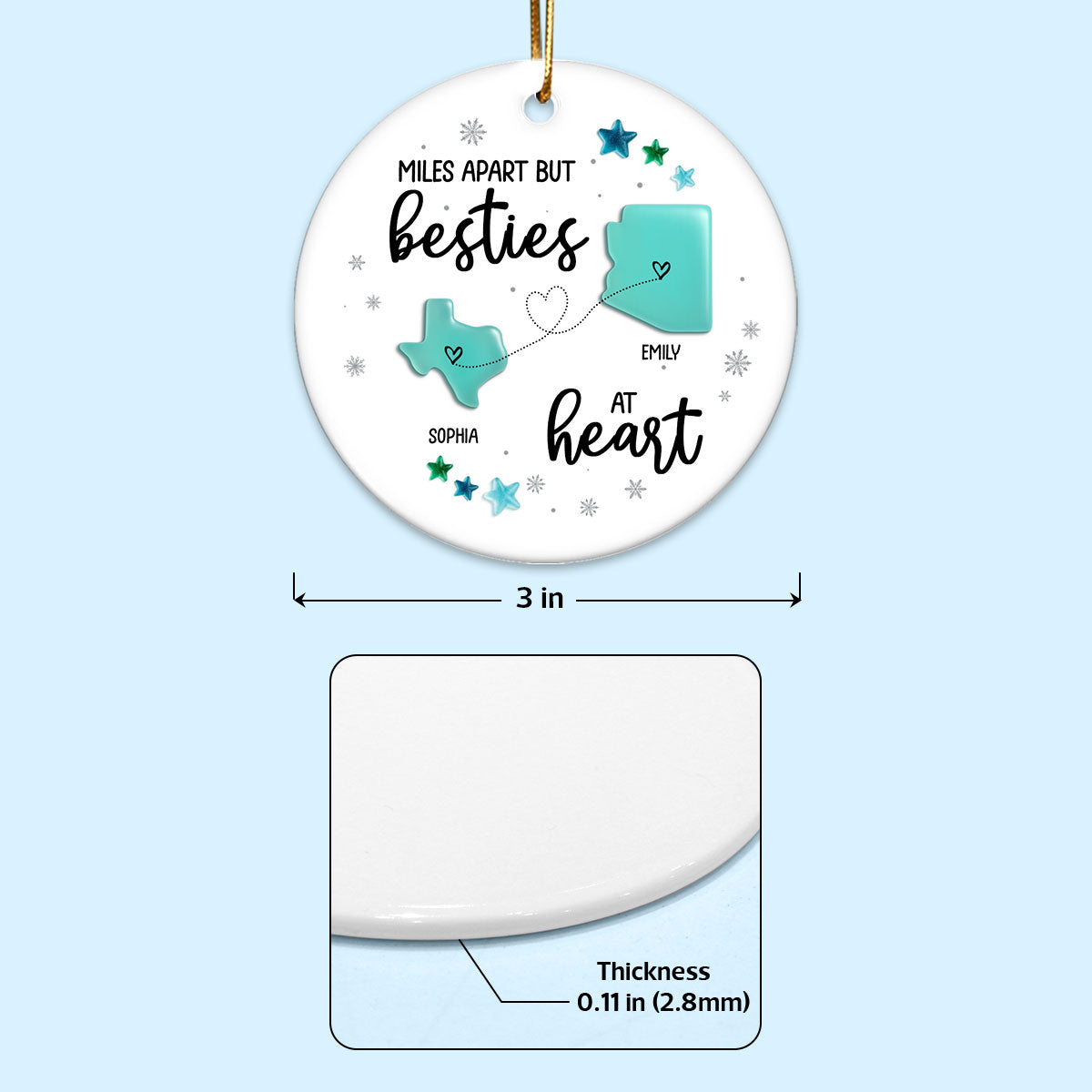 3D Sea Glass Effect Christmas Long Distance State Maps Besties - Personalized Ceramic Ornament