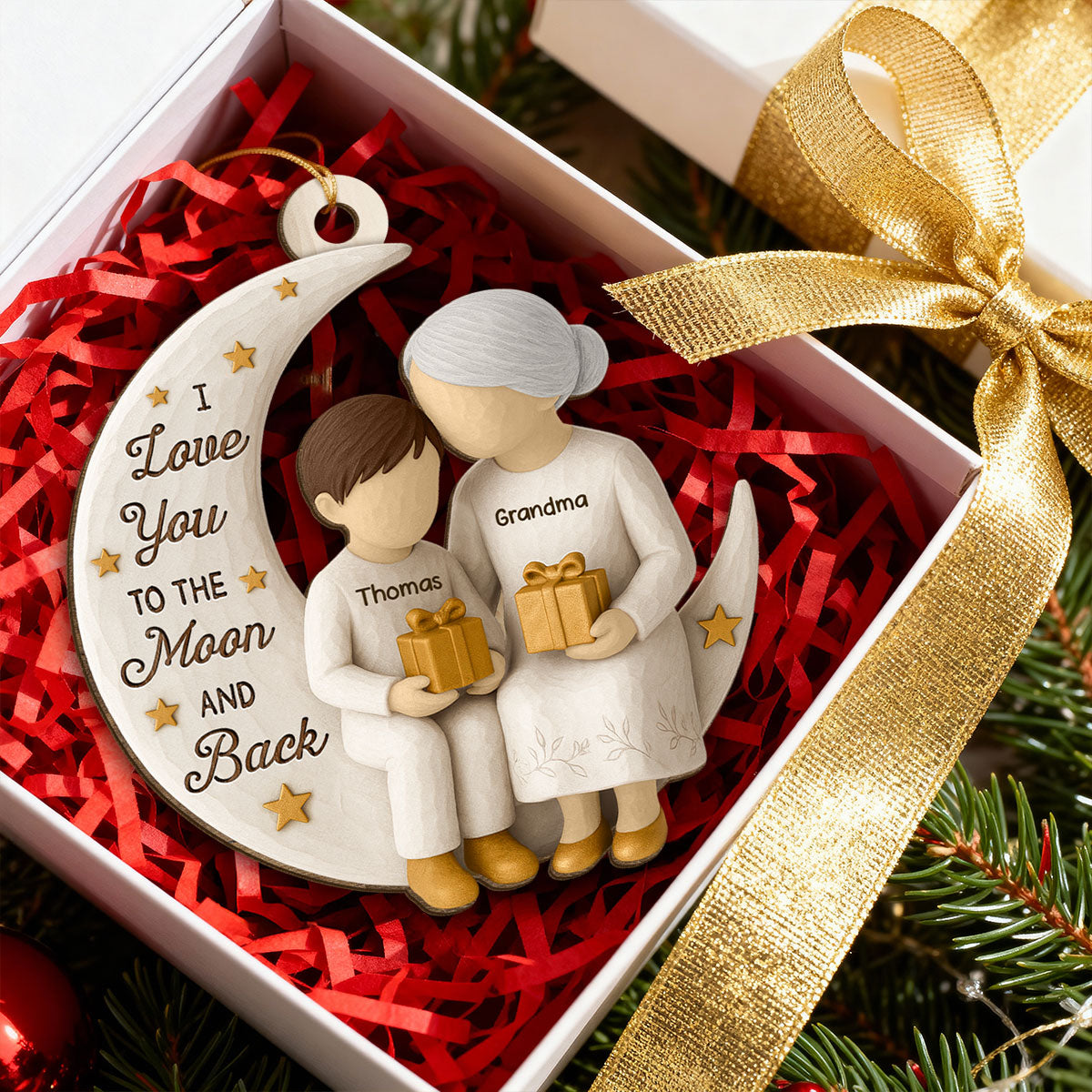 3D Effect Golden Star Grandma Grandkid On Moon - Personalized Wooden Ornament - Gift For Granddaughter, Grandson