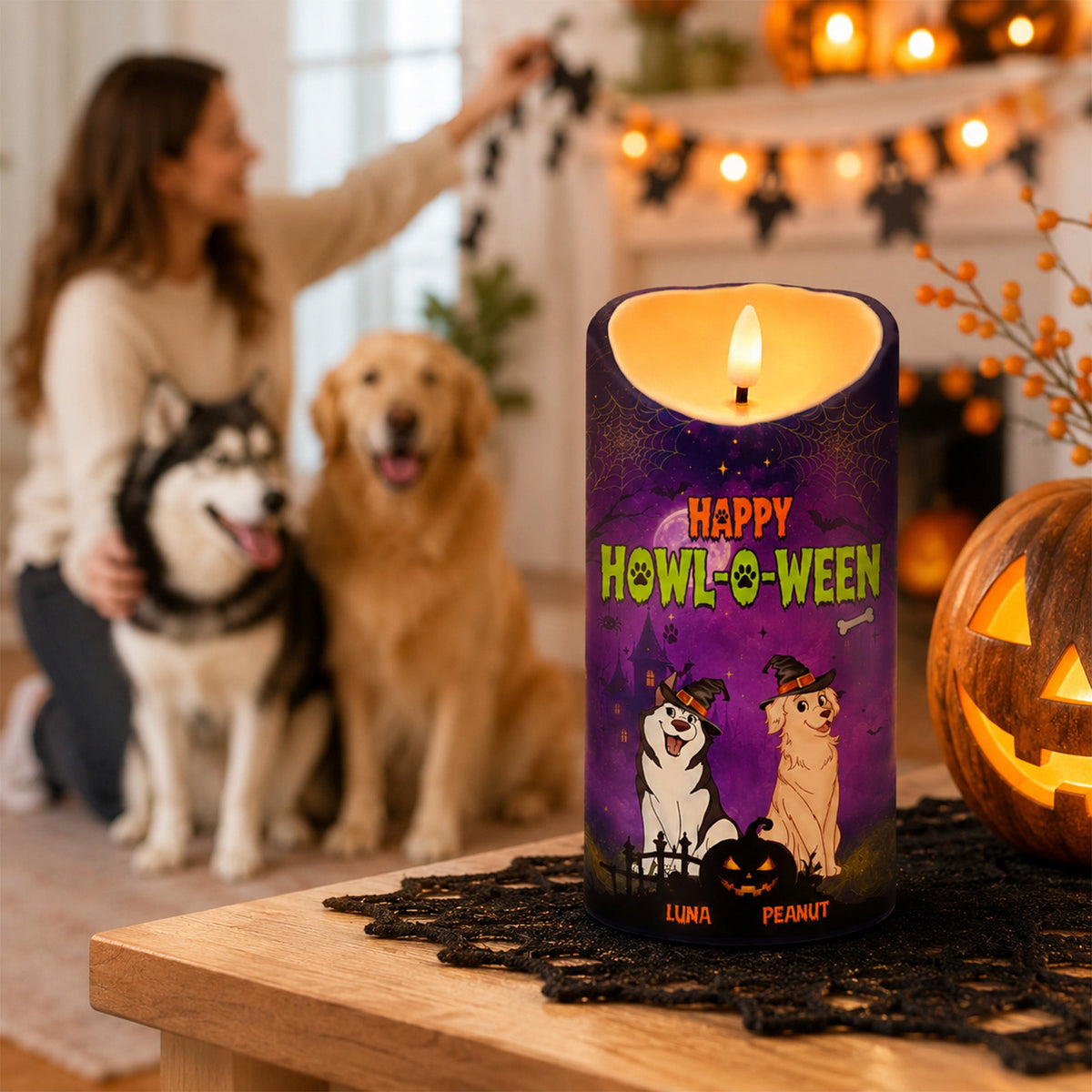 Dog Mom Happy Howloween Purple Magical Theme - Personalized LED Candle - Pawfect Halloween Decor for Dog Lover