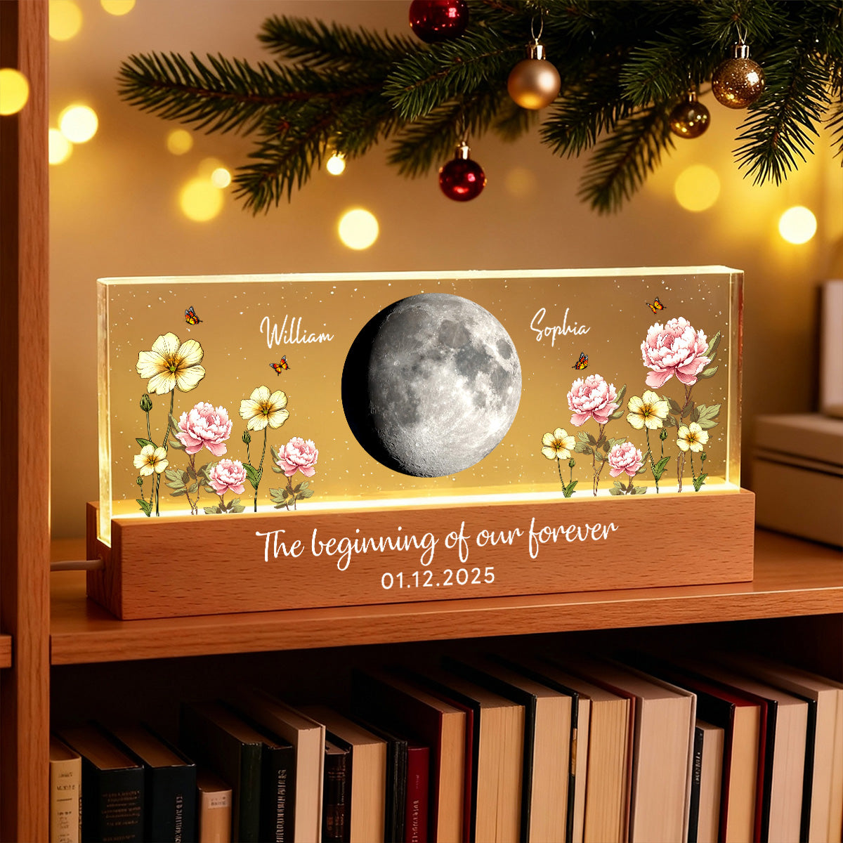 Custom Couple Birth Month Flowers Our Moon Custom Moon Phase Art - Personalized Acrylic Block Plaque LED Night Light - Gift For Couple