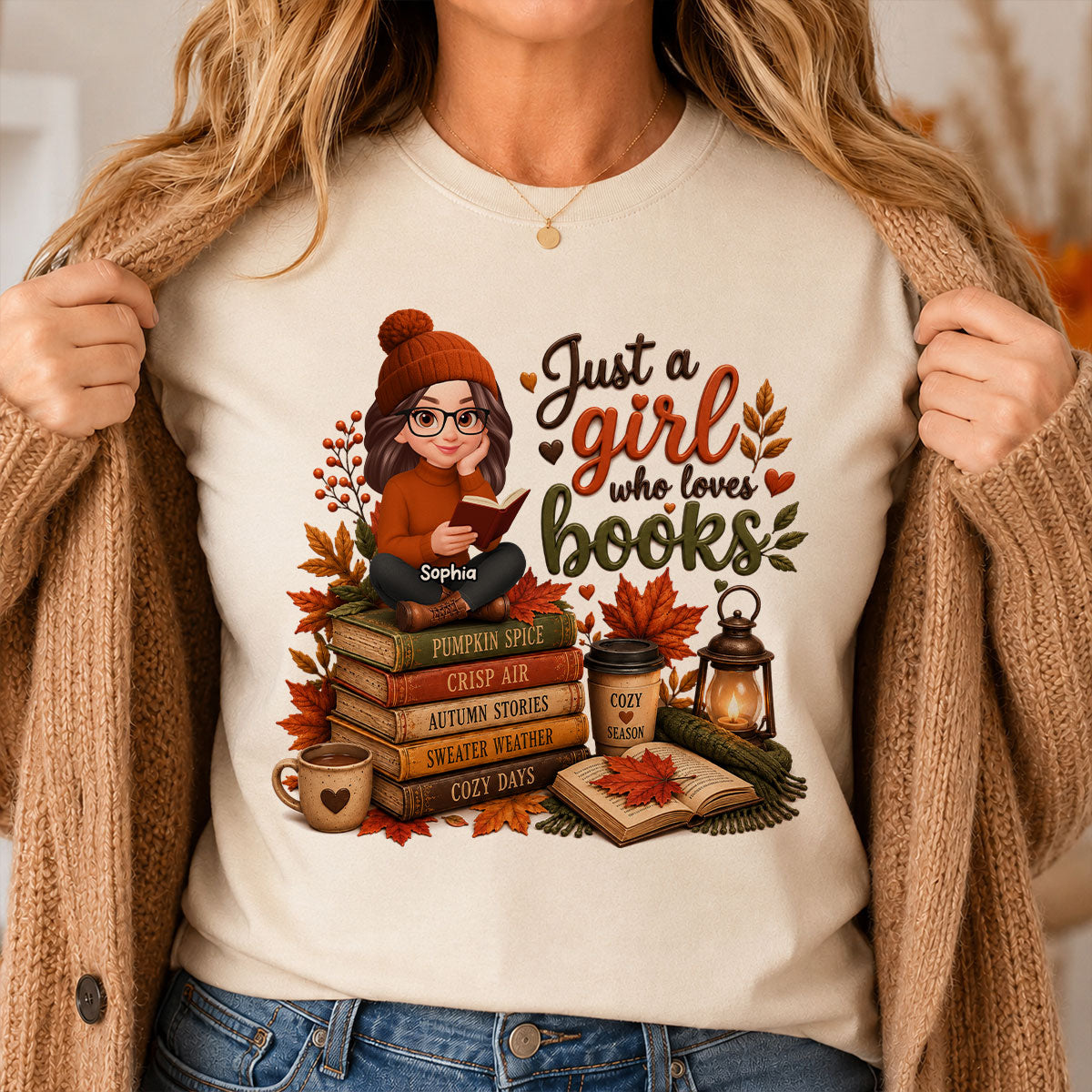 Cozy Autumn Girl Who Loves Books - Personalized Shirt - Fall Season Gift, Gift For Book Lovers