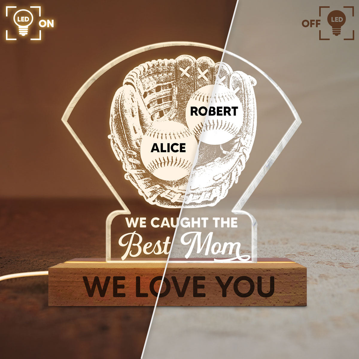 Baseball Glove We Caught The Best Mom - Personalized Acrylic Block LED Night Light - Mother's Day Gift For Baseball Mom