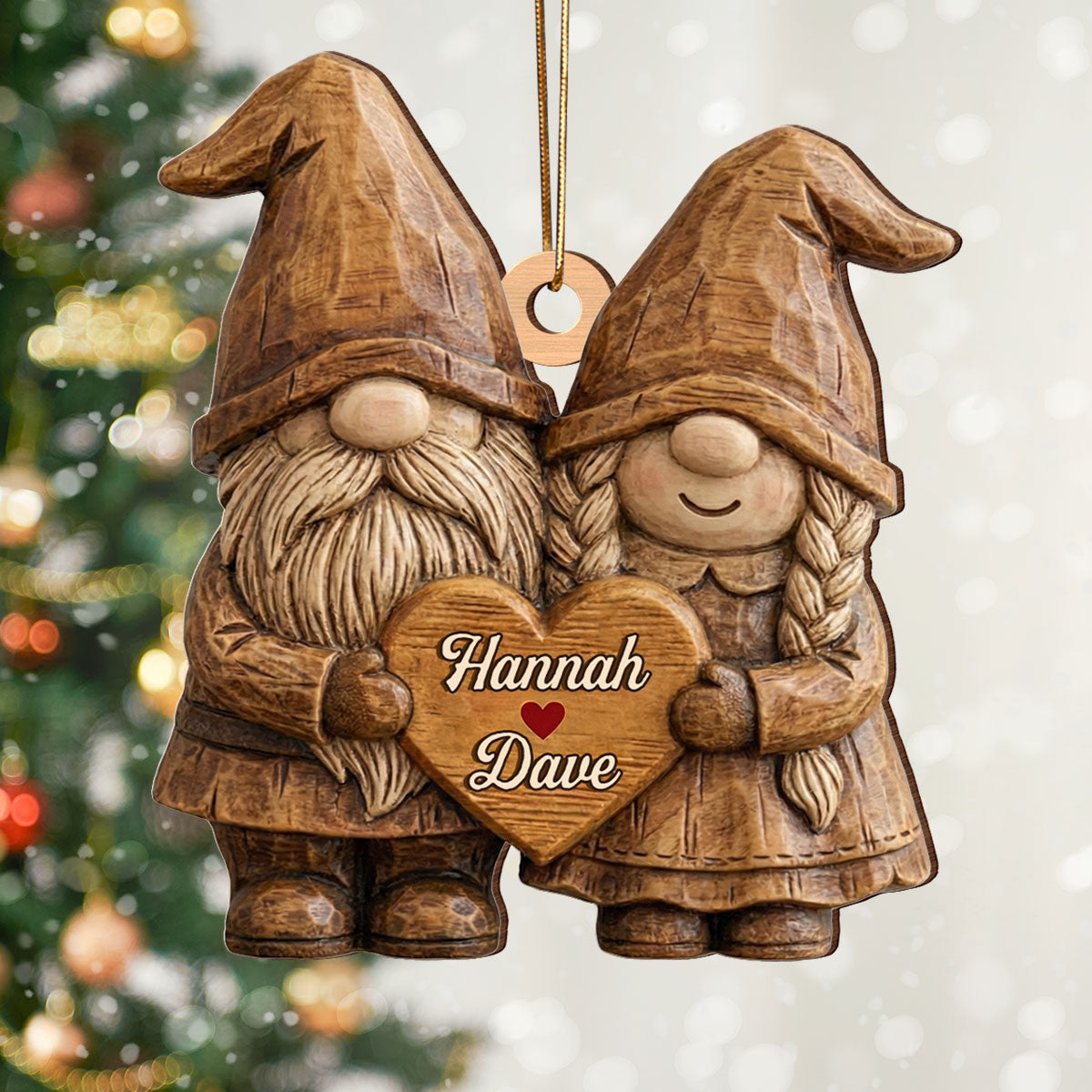 3D Effect Gnome Couple Standing - Personalized Wooden Ornament - Gift For Him, Gift For Her