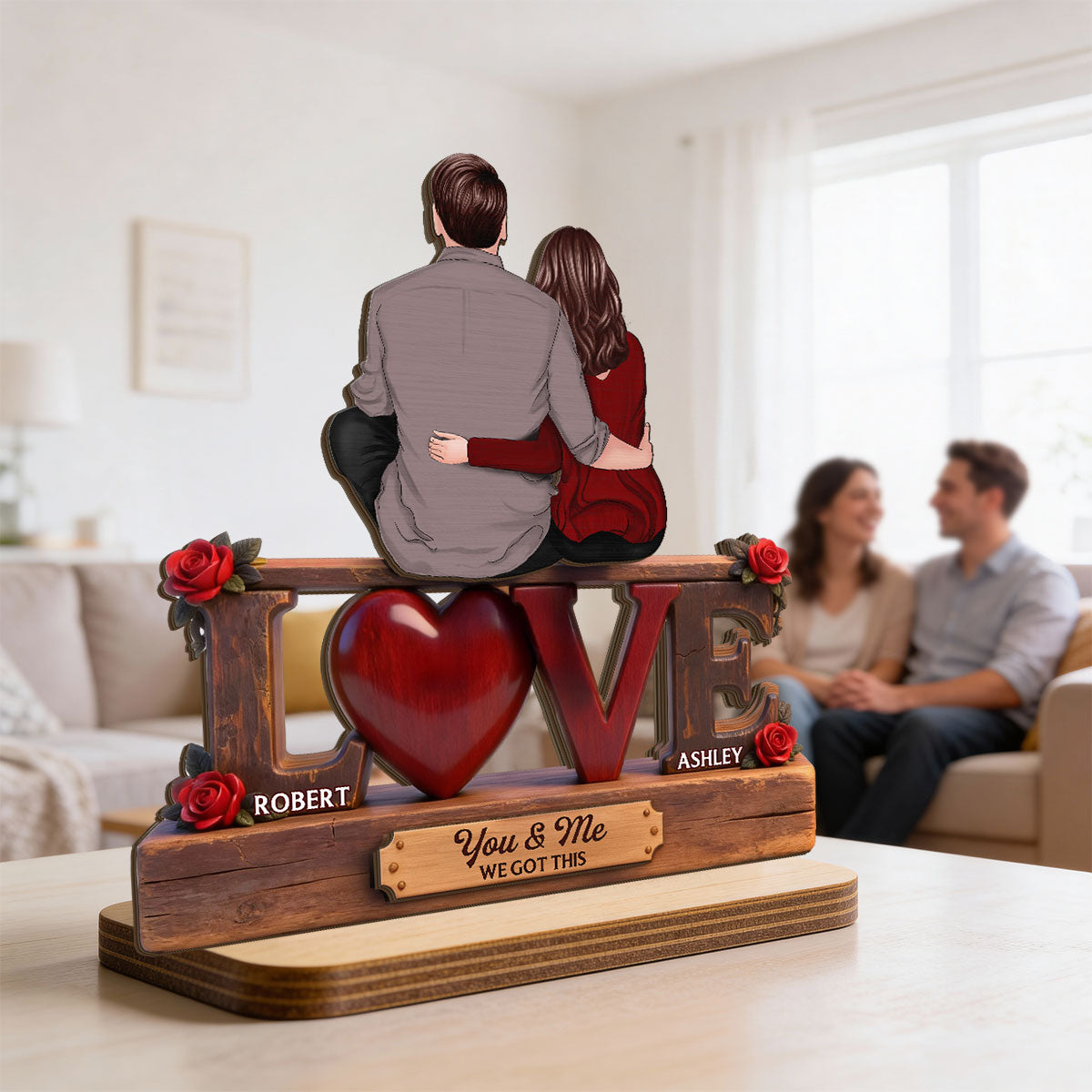 Roses LOVE Back View Couple Sitting Embracing - Personalized 2-Layered Wooden Plaque - Valentine's Day Gift For Couple, For Him, For Her