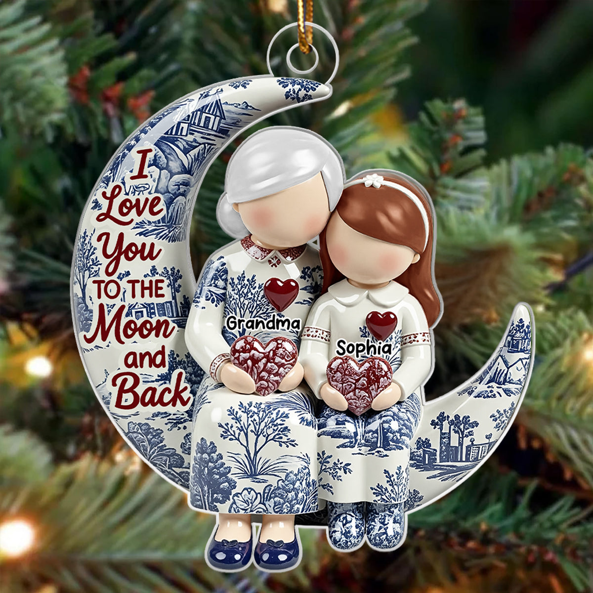 Grandma Grandkids on Moon Toile de Jouy Pattern - Personalized Acrylic Ornament - Sentimental Gift for Grandma