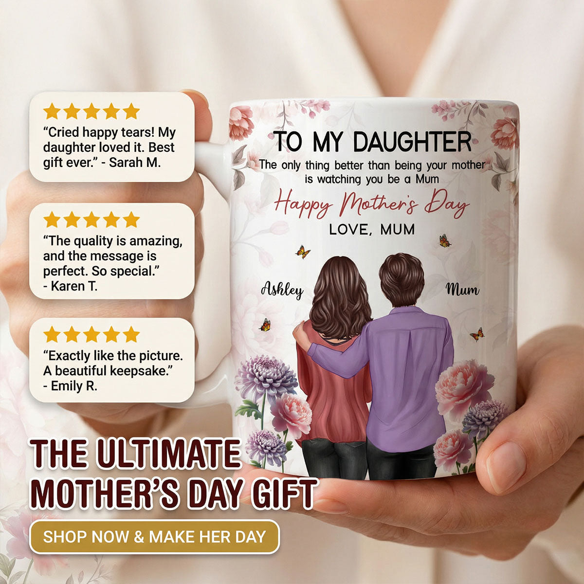 To My Daughter From Mum Birth Month Flower Floral Pink Tone - Personalised Mug - Mother's Day