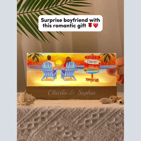 Summer Couple Sitting Be Happy Personalized Acrylic Block LED Night Light, Anniversary Gift For Him, Gift For Her, For Husband, For Wife