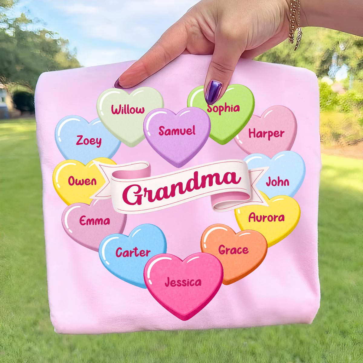 Grandma's Sweethearts Conversation Hearts Grandkids Names Valentine's Day - Personalized Shirt