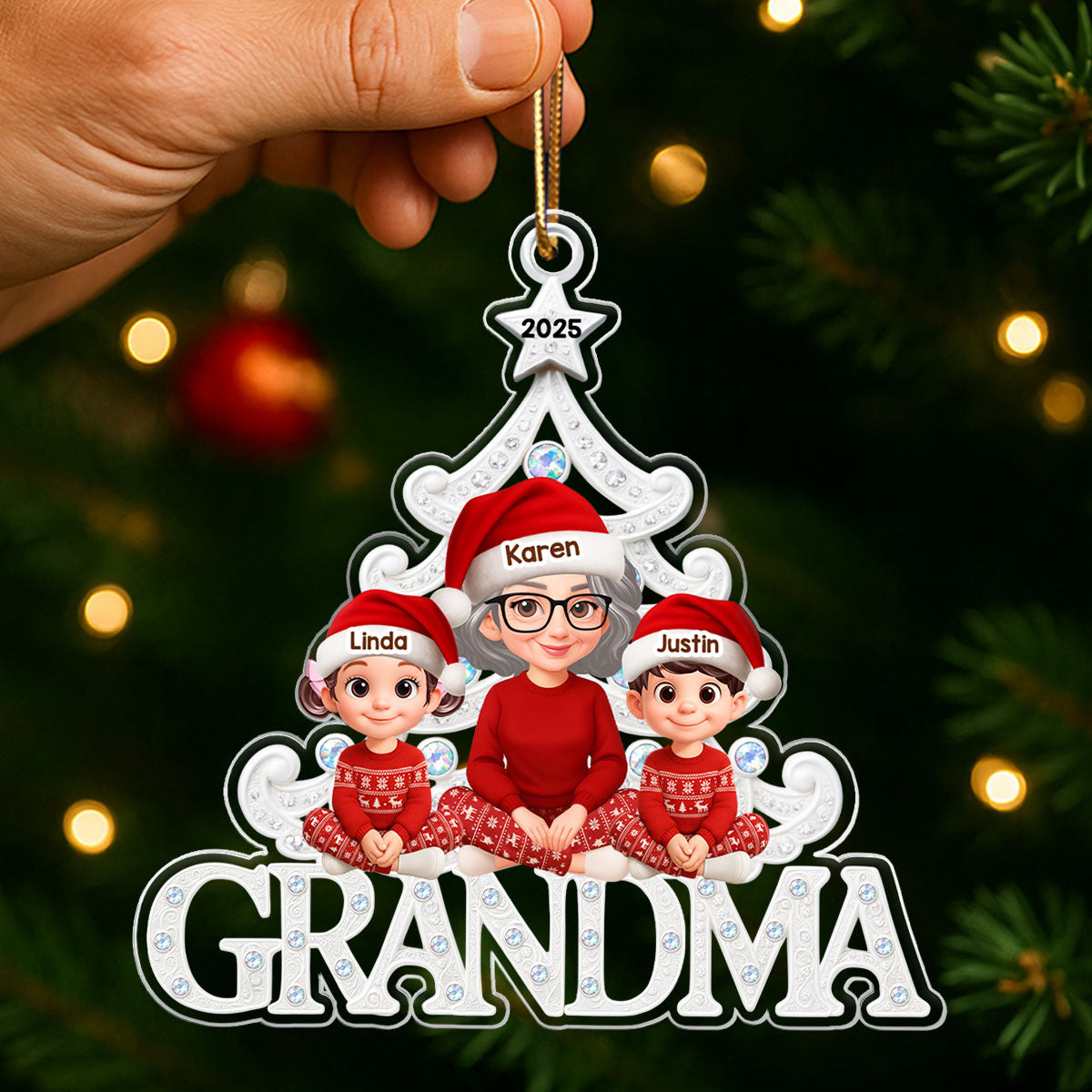 Grandma Grandkids Sitting Metallic Crystal Effect - Personalized Acrylic Ornament - Christmas Gift for Grandma